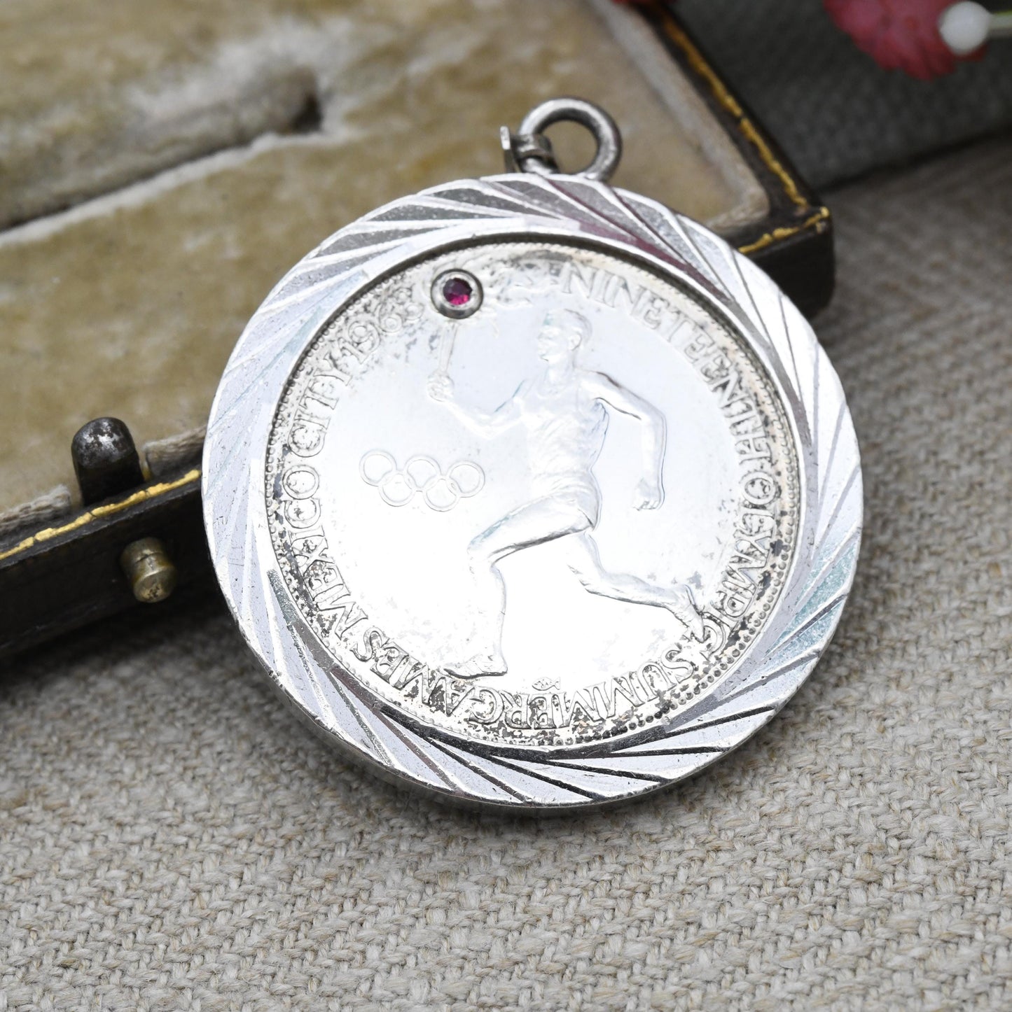 Vintage 1968 Silver Olympics Medal Pendant Set with Ruby - 19th Mexico City Summer Games 10th Grenoble Winter Games | Commemorative Souvenir