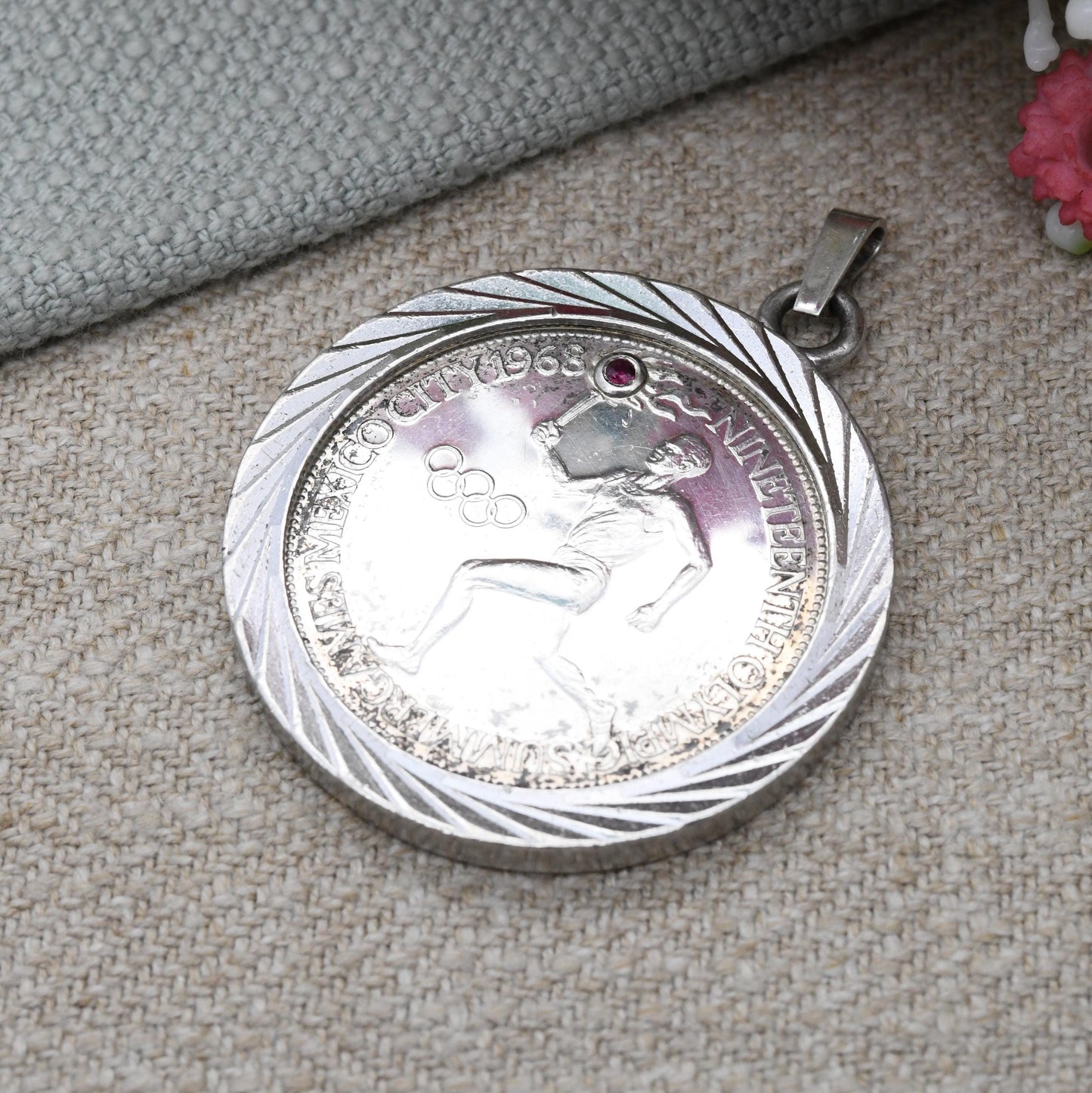 Vintage 1968 Silver Olympics Medal Pendant Set with Ruby - 19th Mexico City Summer Games 10th Grenoble Winter Games | Commemorative Souvenir