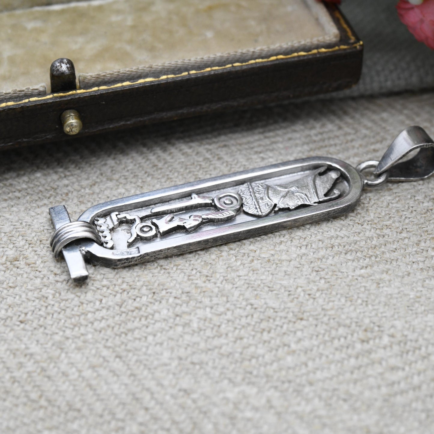 Vintage Egyptian Silver Cartouche Pendant with Hieroglyphs and Pharaoh - Ancient Hieroglyphic Symbols | Mid-Century Egypt Ingot