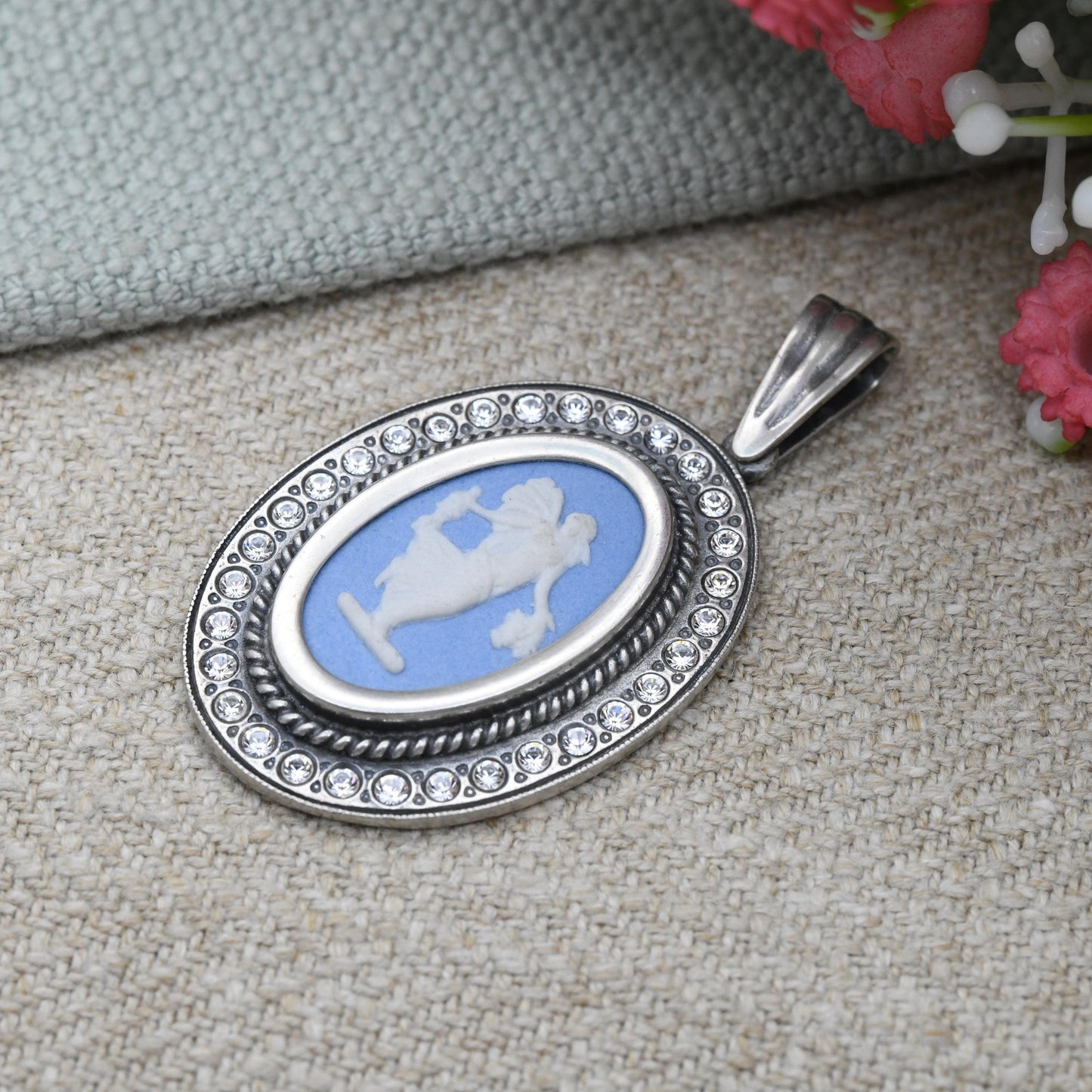 Wedgwood Sterling Silver Goddess Blue Jasperware Pendant 2001 - Sparkly CZ Border Frame Oval Classical Cameo | Designer Made in England