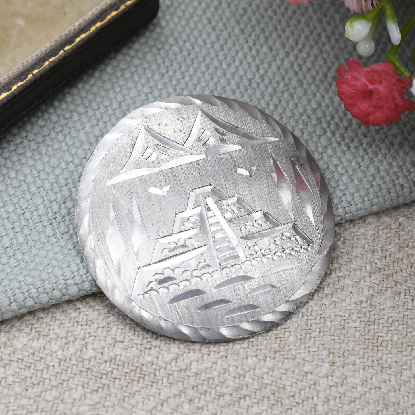Vintage Mexican Sterling Silver Aztec Temple Brooch Pendant - Mid-Century American Souvenir Made in Mexico | Hand Engraved Circular Design