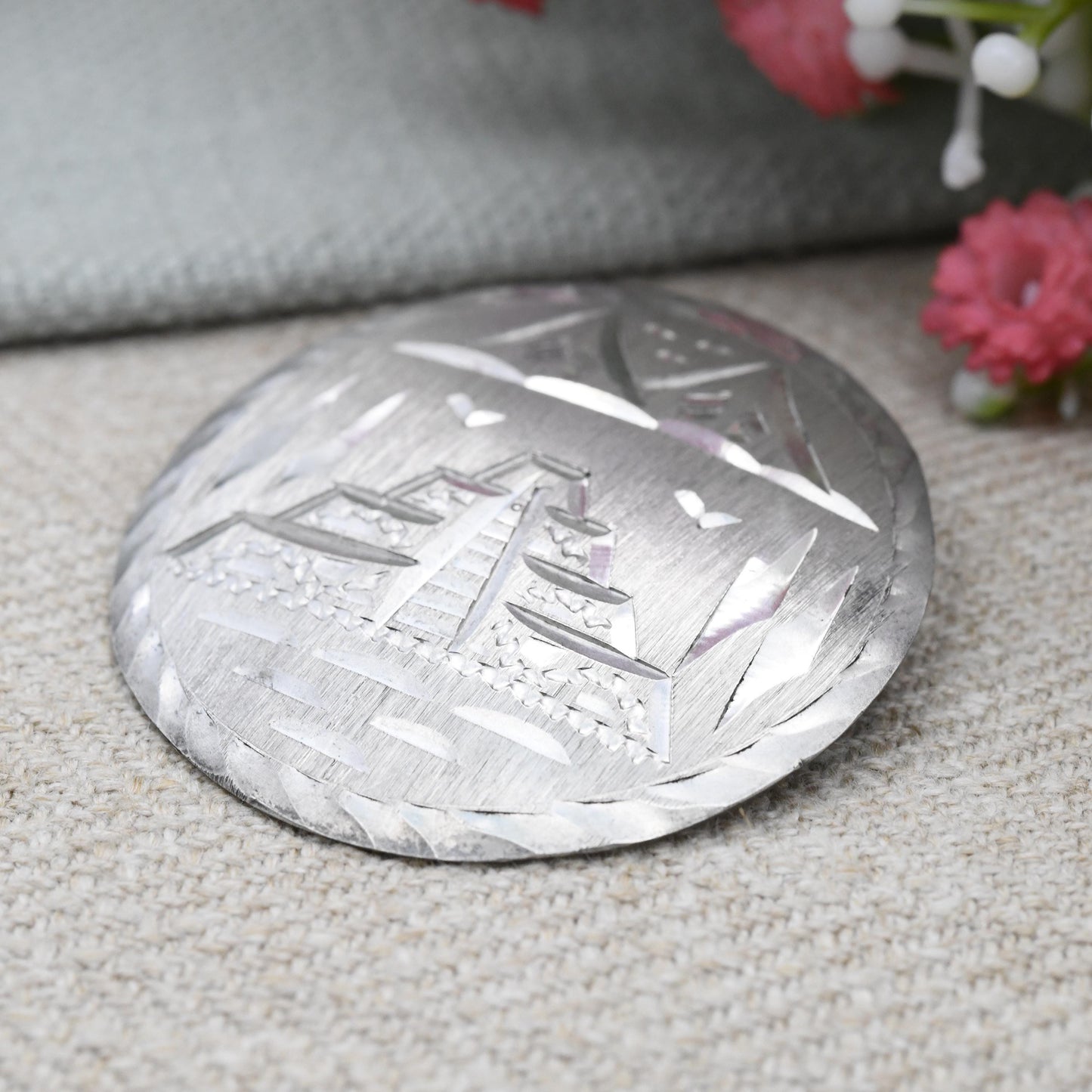 Vintage Mexican Sterling Silver Aztec Temple Brooch Pendant - Mid-Century American Souvenir Made in Mexico | Hand Engraved Circular Design