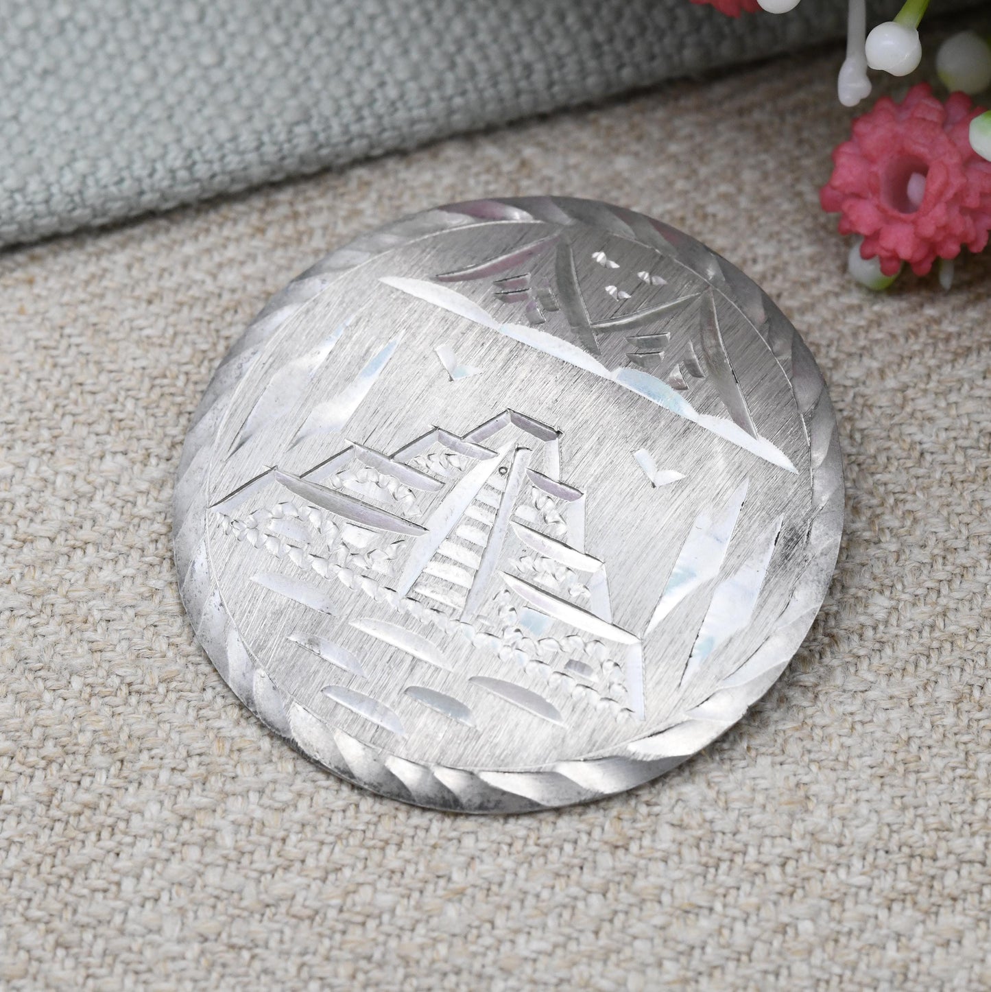 Vintage Mexican Sterling Silver Aztec Temple Brooch Pendant - Mid-Century American Souvenir Made in Mexico | Hand Engraved Circular Design