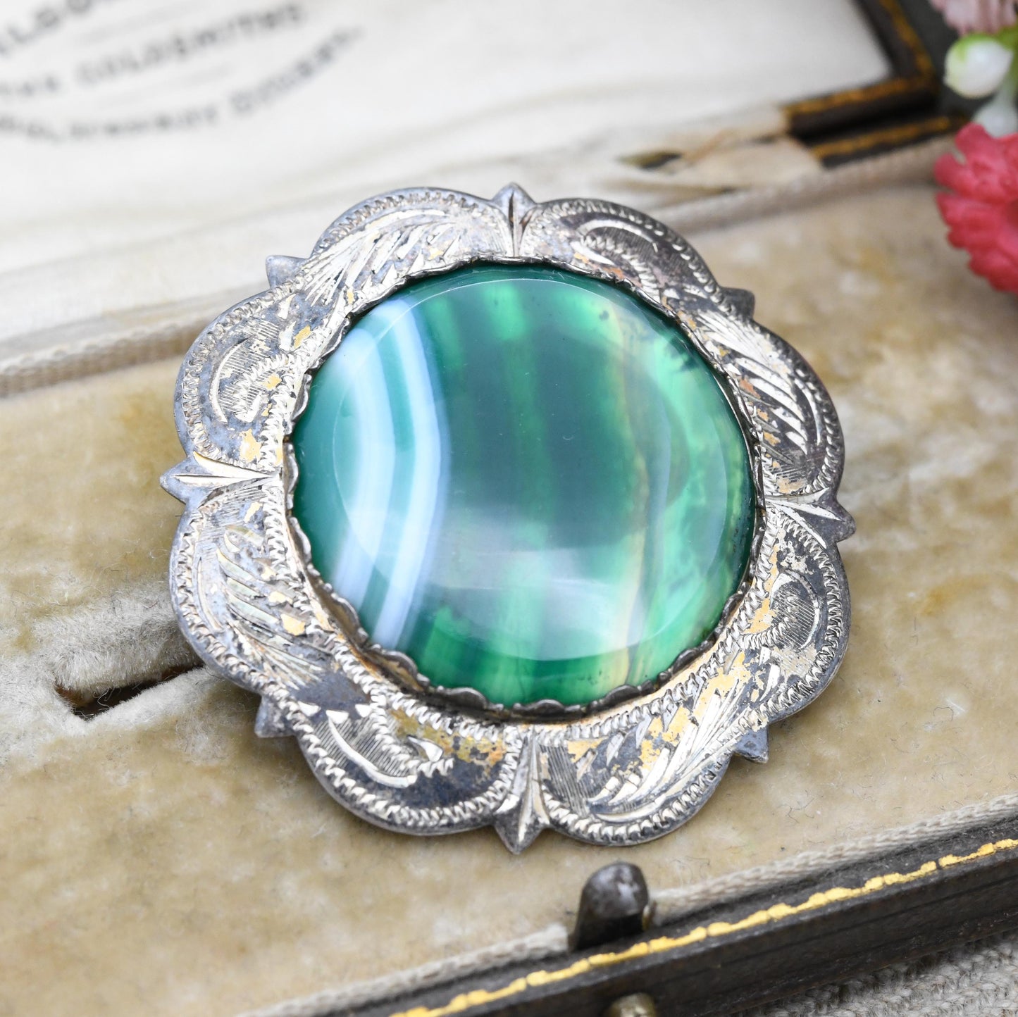 Vintage Scottish Sterling Silver Green Banded Agate Brooch 1965 Ward Brothers - Statement Silver Jewellery Pin | Edinburgh Maker's Mark WBs
