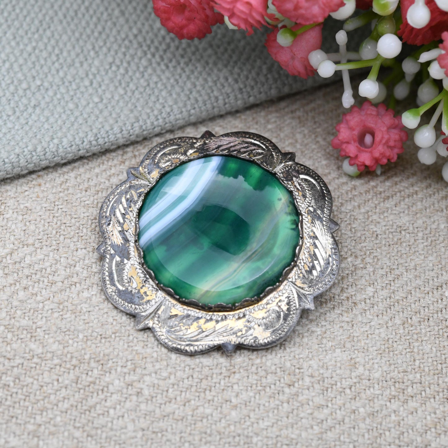 Vintage Scottish Sterling Silver Green Banded Agate Brooch 1965 Ward Brothers - Statement Silver Jewellery Pin | Edinburgh Maker's Mark WBs
