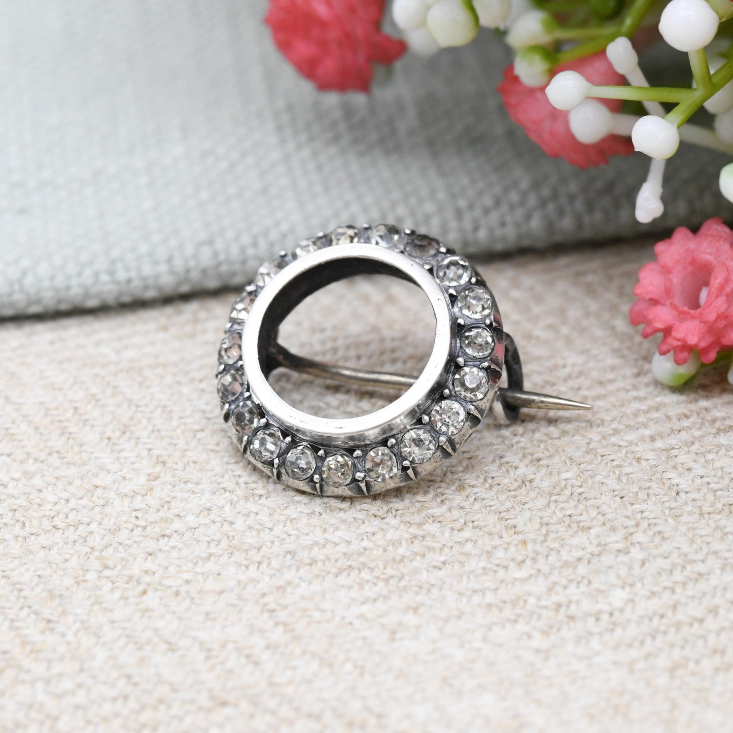 Antique French Silver Paste Wreath Brooch - Victorian Period Circle with Sparkly Clear Stones | Extended Pin | Cocktail Dress Jewellery