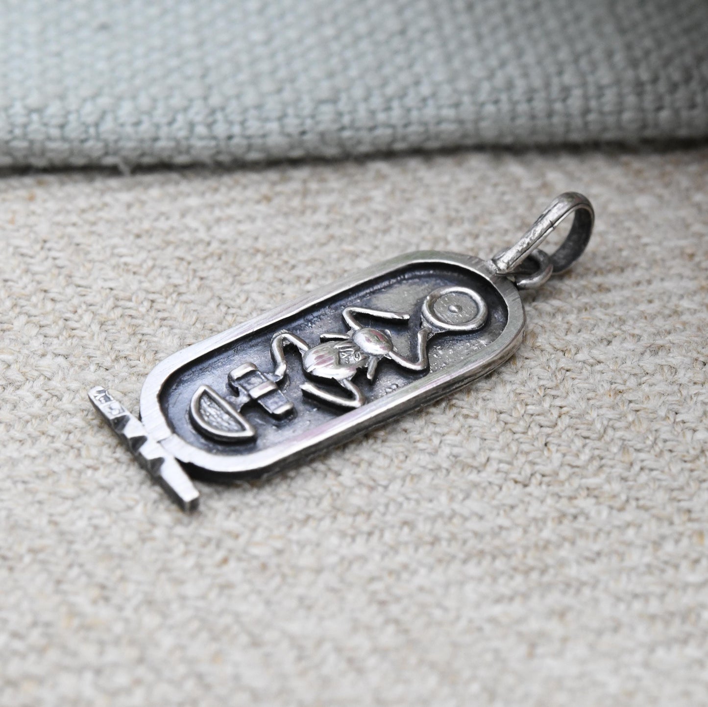 Vintage Egyptian Silver Cartouche Pendant with Scarab Beetle - Ancient Hieroglyphic Symbols Egypt Souvenir | Silver Ingot Charm
