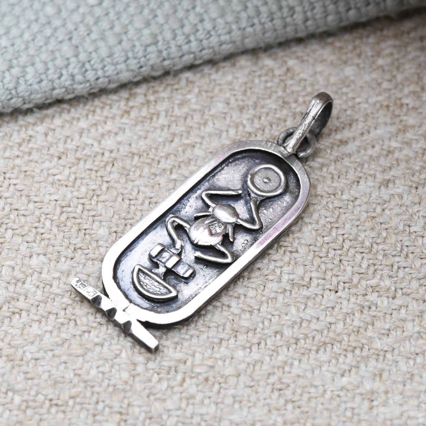 Vintage Egyptian Silver Cartouche Pendant with Scarab Beetle - Ancient Hieroglyphic Symbols Egypt Souvenir | Silver Ingot Charm