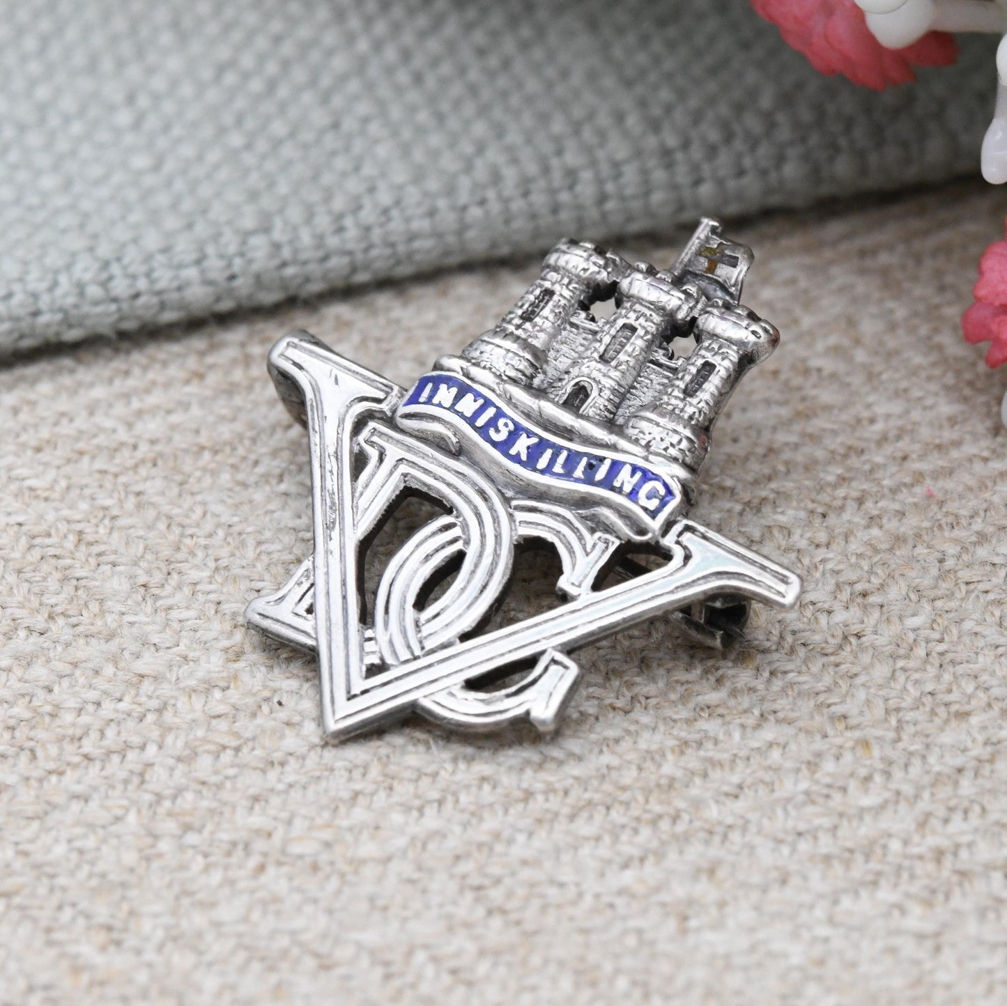 Vintage Silver Royal Inniskilling Dragoon Guards Brooch VDC Monogram - Blue Enamel | Sweetheart Brooch | British Army Infantry Collectable
