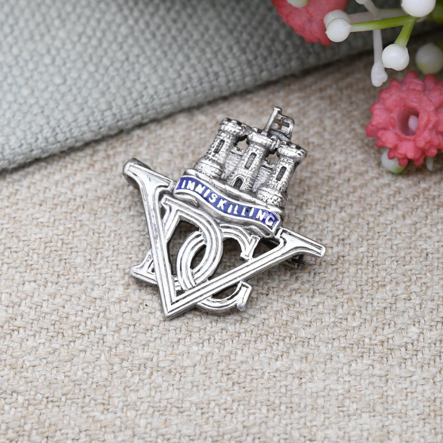 Vintage Silver Royal Inniskilling Dragoon Guards Brooch VDC Monogram - Blue Enamel | Sweetheart Brooch | British Army Infantry Collectable