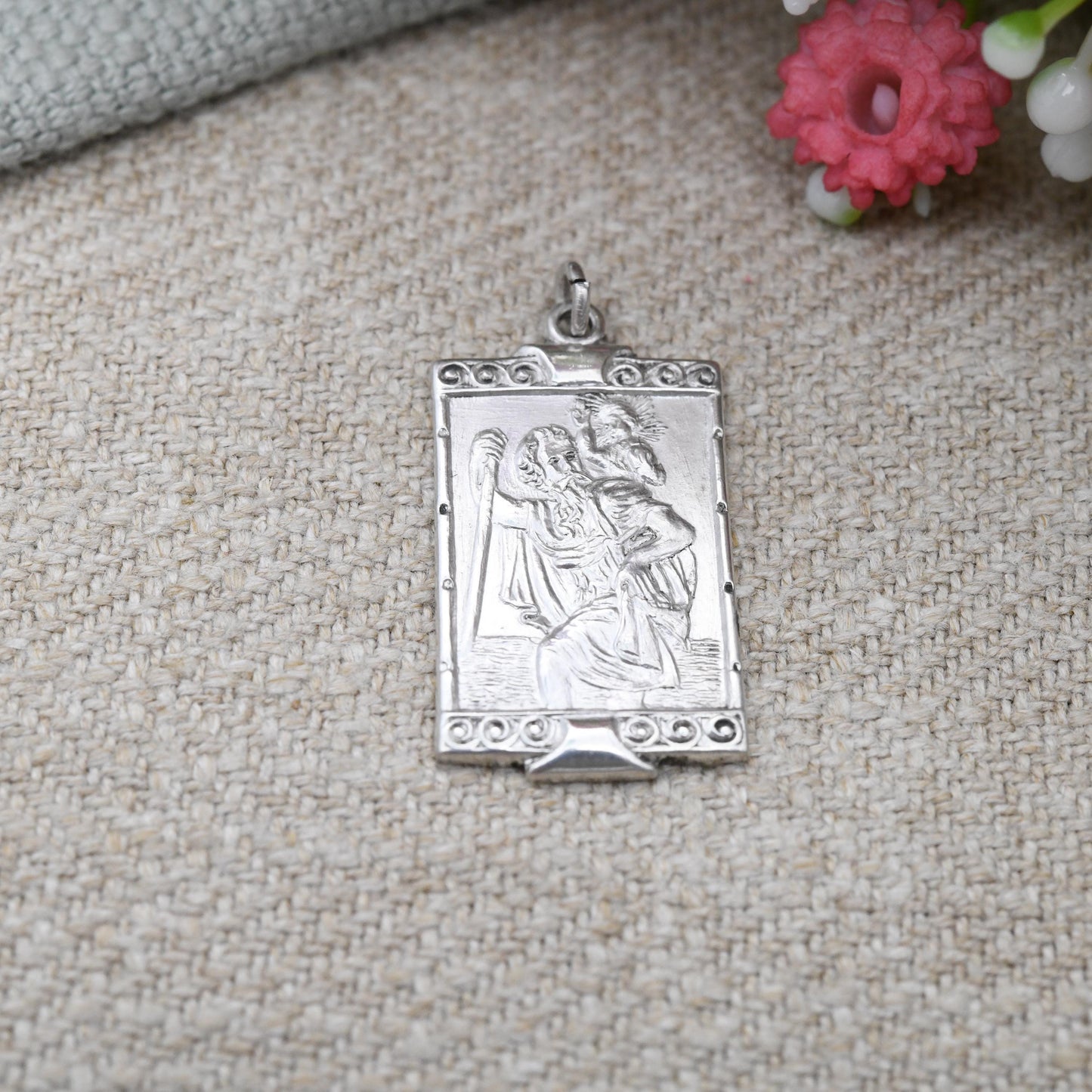 Vintage Sterling Silver St. Christopher Charm Pendant 1978 - Rectangle Shaped Scroll Design | Saint Gift for Travel Lover Wanderlust