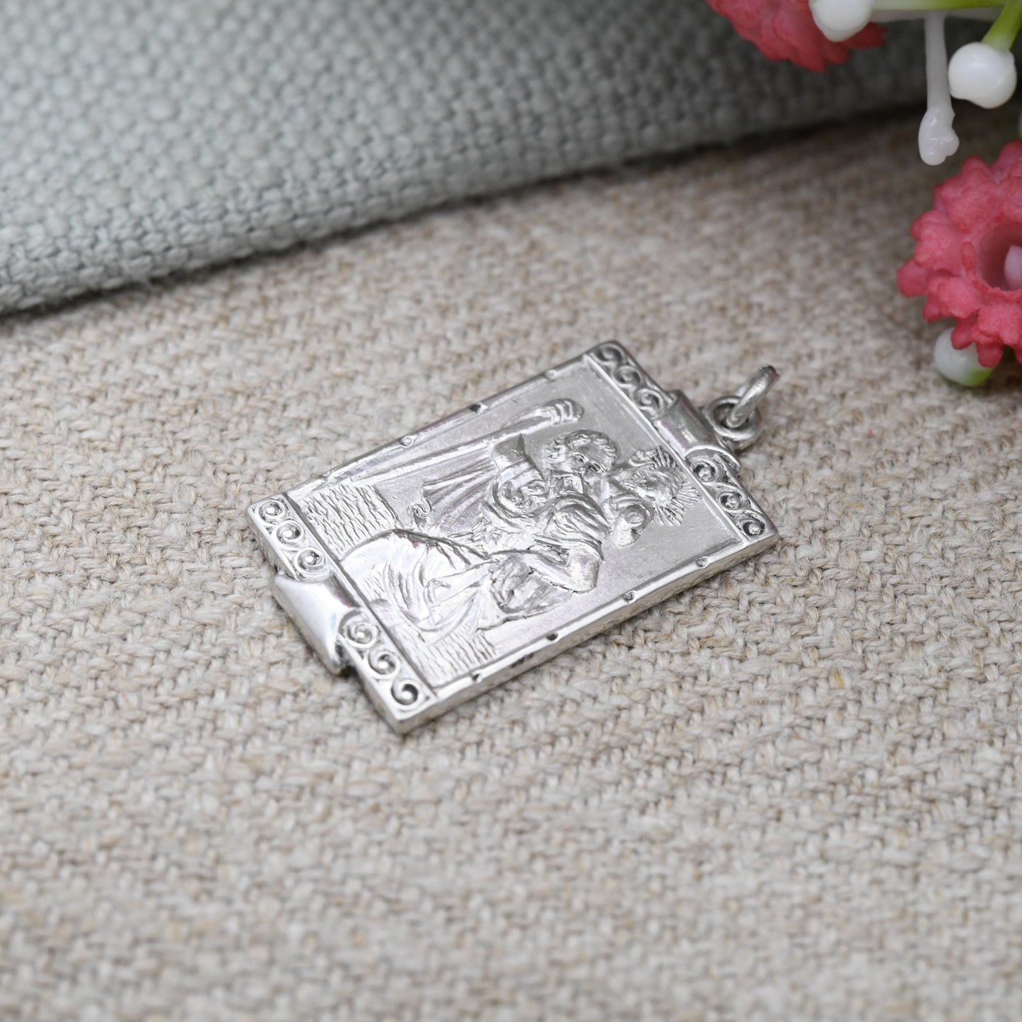 Vintage Sterling Silver St. Christopher Charm Pendant 1978 - Rectangle Shaped Scroll Design | Saint Gift for Travel Lover Wanderlust