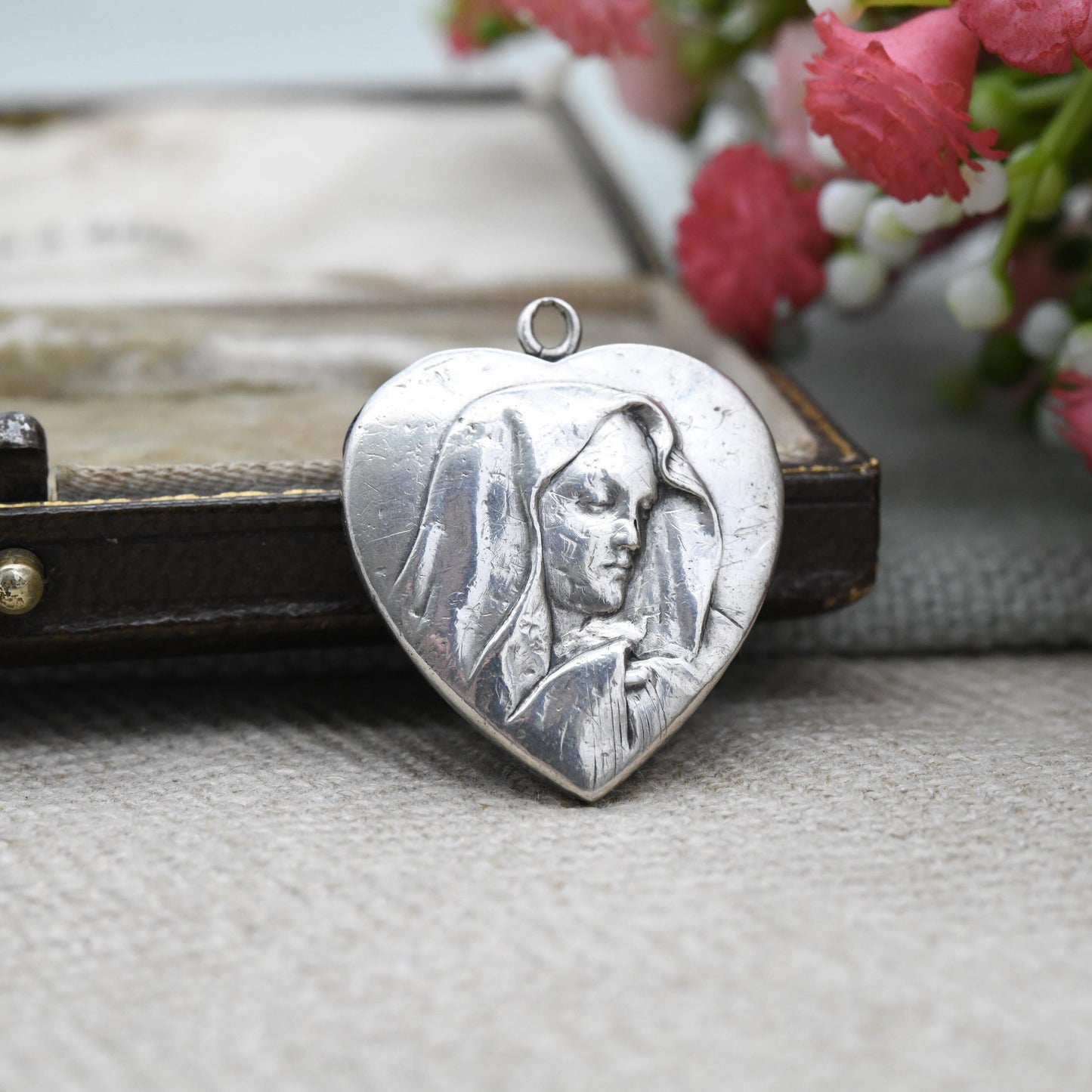 Antique Silver Virgin Mary Heart Pendant with Repoussé Portrait - Vintage Christian Catholic Token | Puffed Love Heart Necklace Charm