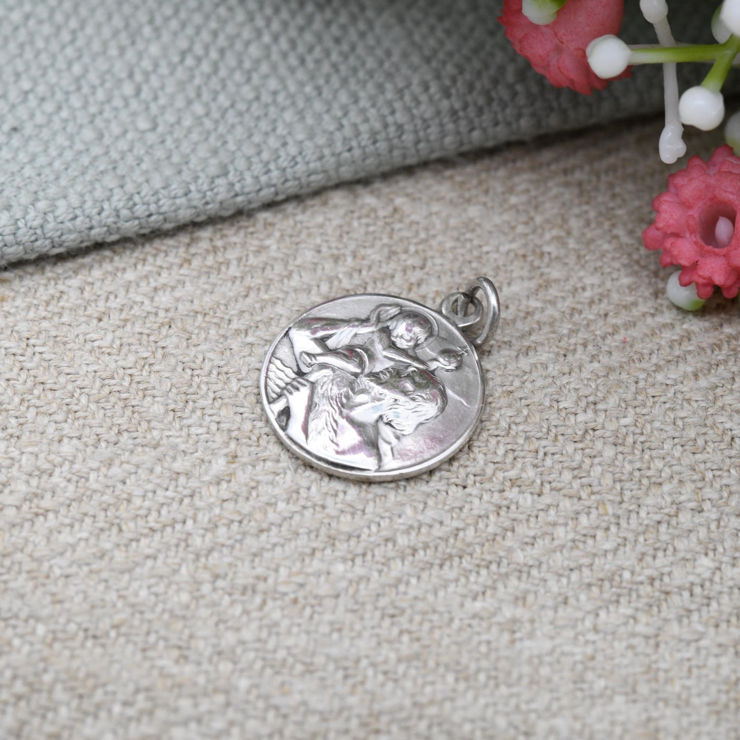 Vintage Sterling Silver St. Christopher Charm Pendant - Small Circle Mid-Century Patron Saint of Travellers | Protect Us | Man Carrying Baby