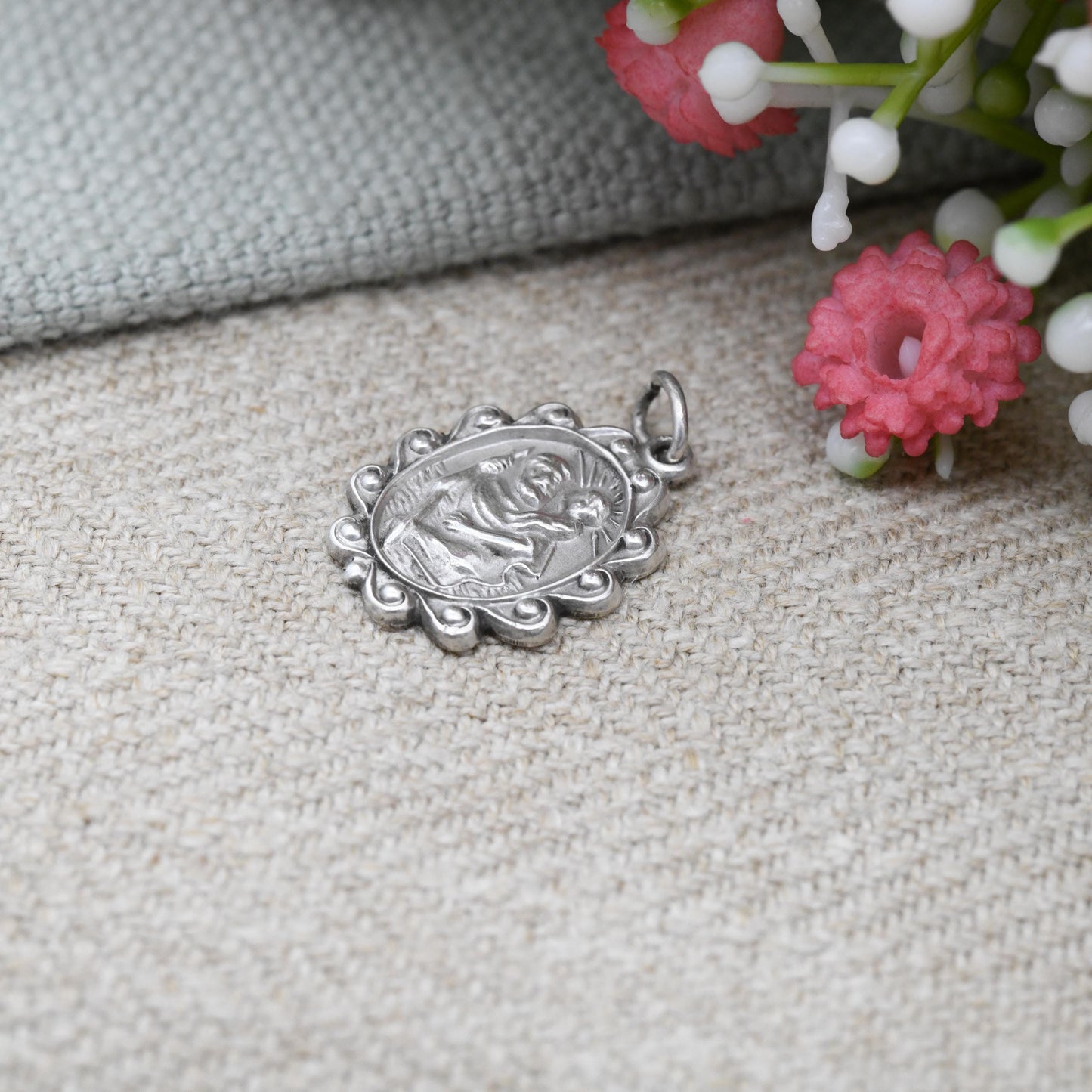 Vintage Sterling Silver St. Christopher Charm Pendant with Ornate Border - Patron Saint of Travellers | Gift for Adventurer | Protect Us