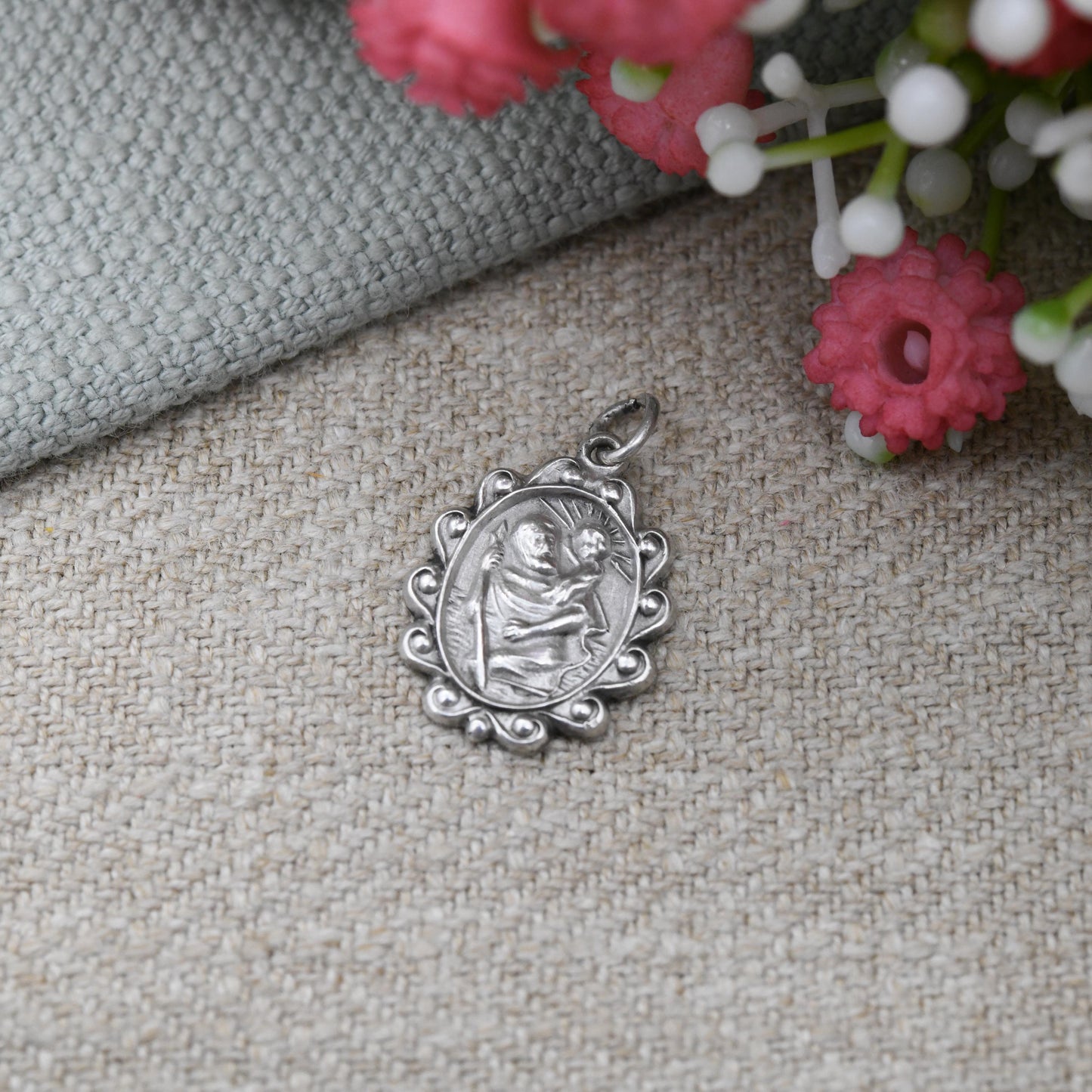 Vintage Sterling Silver St. Christopher Charm Pendant with Ornate Border - Patron Saint of Travellers | Gift for Adventurer | Protect Us