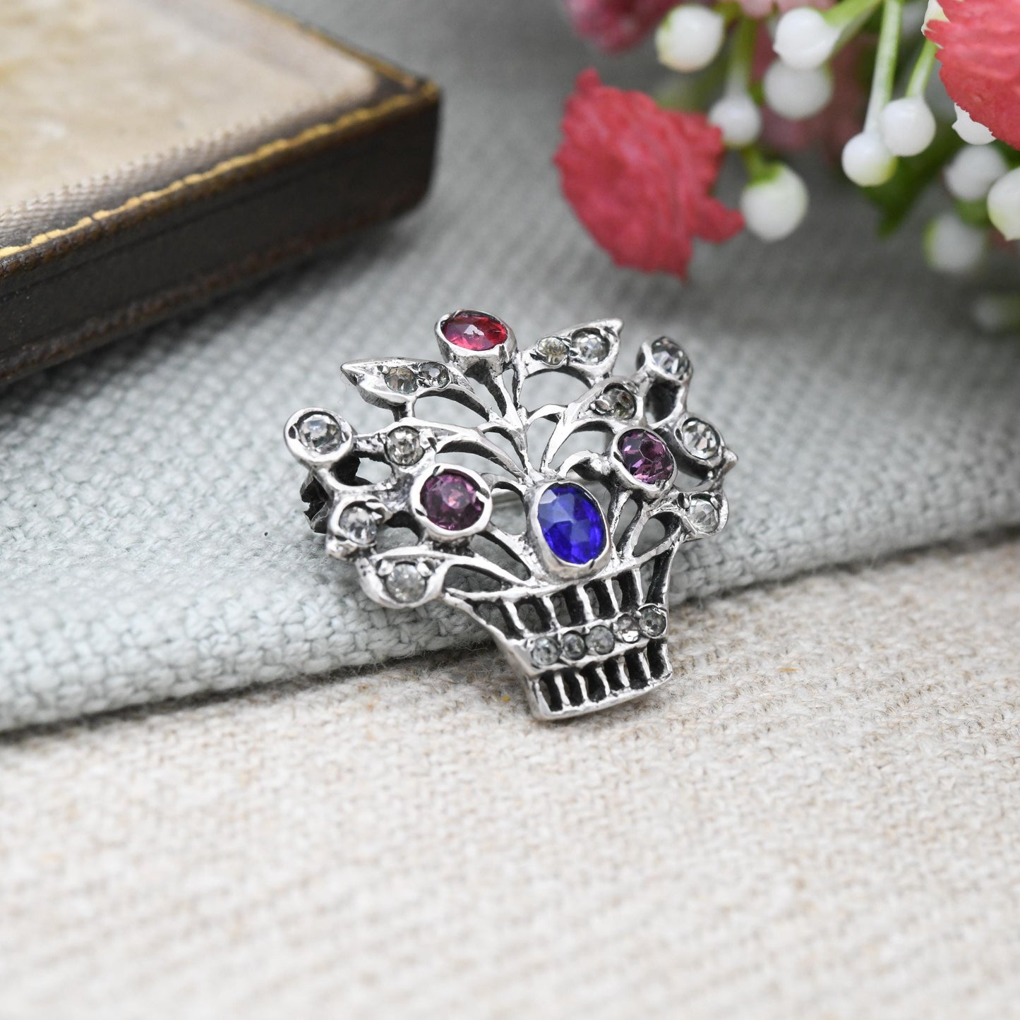 Antique Silver and Paste Giardinetti Brooch c. 1910s - Basket of Flowers Jewellery Statement Colourful Sparkly Brooch Gift | Rose Cut Stones