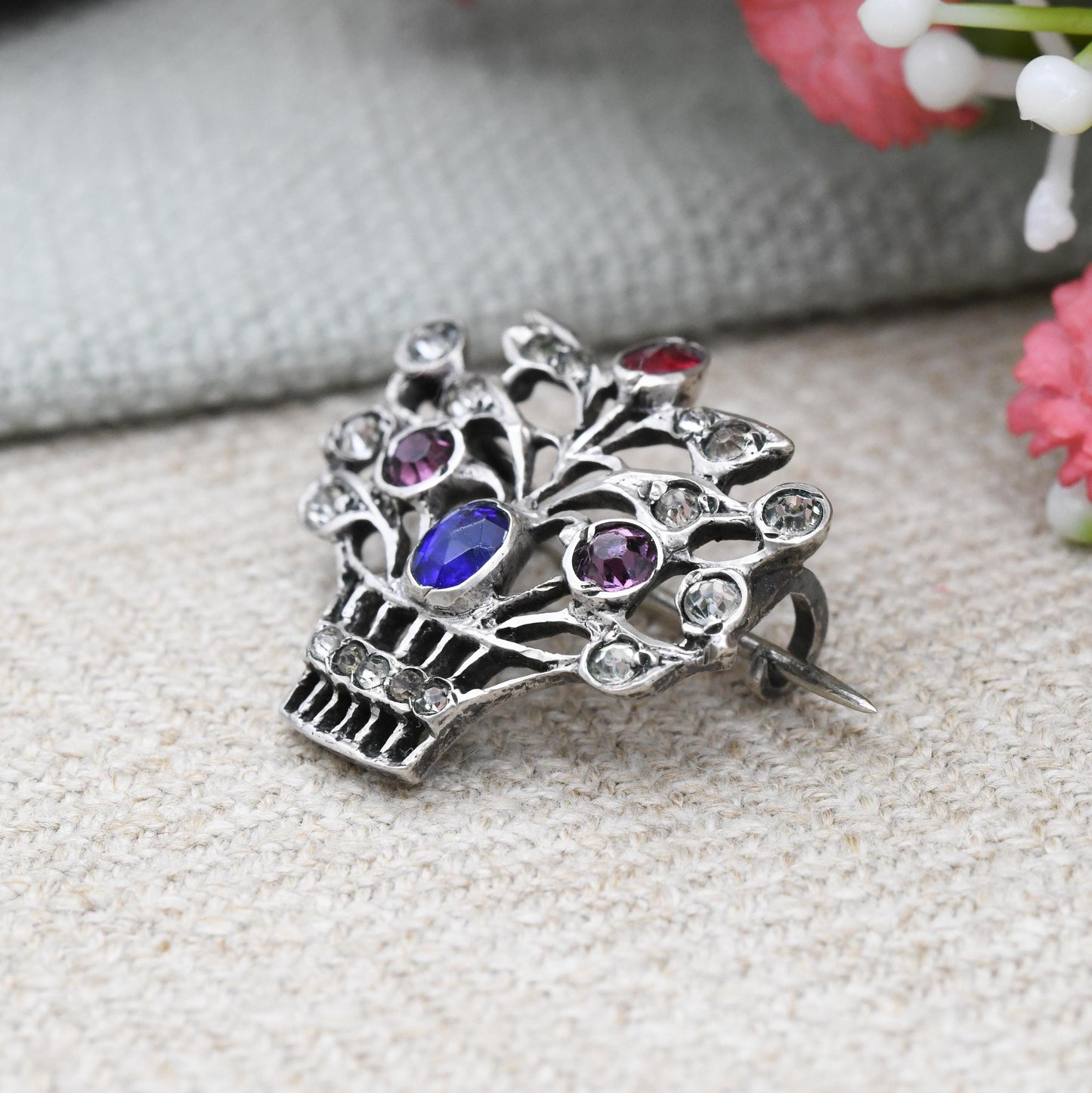 Antique Silver and Paste Giardinetti Brooch c. 1910s - Basket of Flowers Jewellery Statement Colourful Sparkly Brooch Gift | Rose Cut Stones