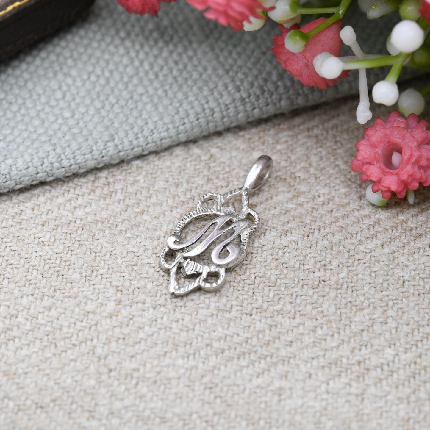 Vintage Sterling Silver Letter M Pendant with Ornate Open Border - Cute Initial Gift Mid-Century Necklace Charm Personalised Jewellery