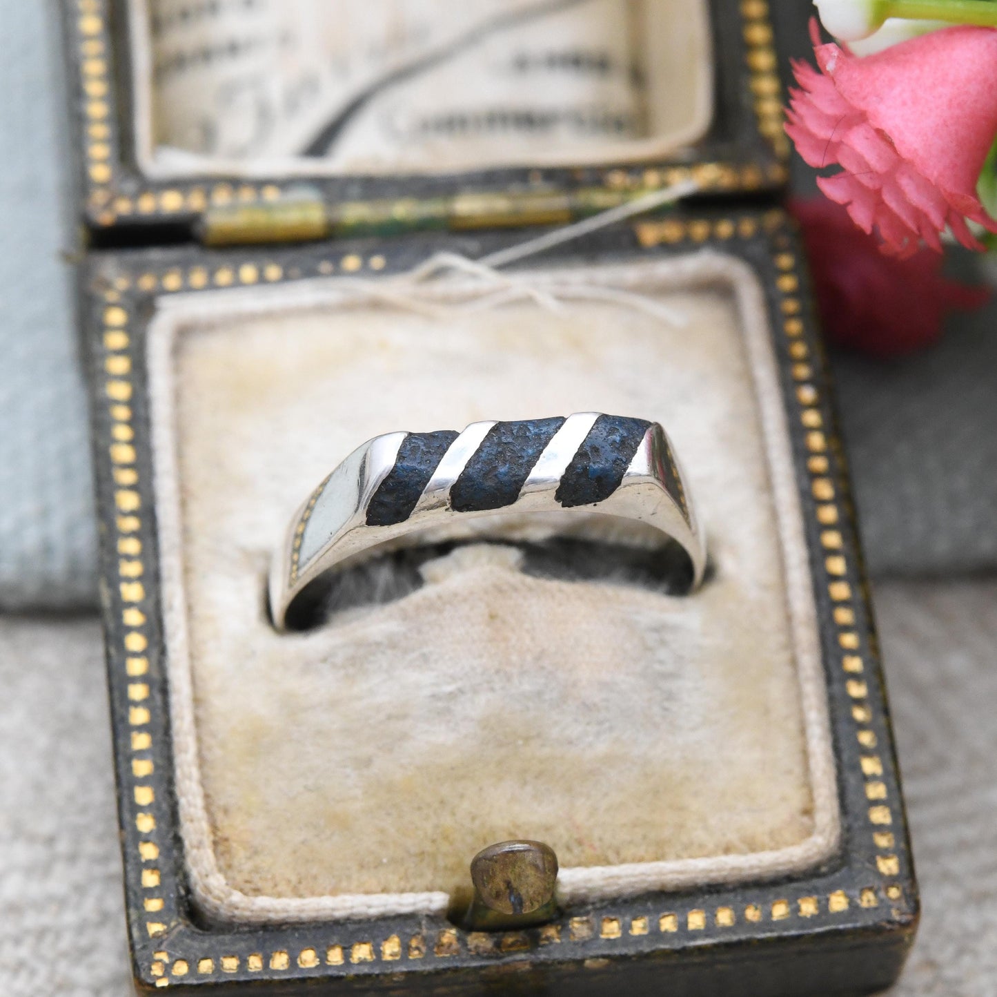 Vintage Mexican Sterling Silver Inlaid Gemstone Band Ring - Mid-Century Stacking Ring | Made in Mexico | UK Size - M 1/2 | US Size - 6 1/4