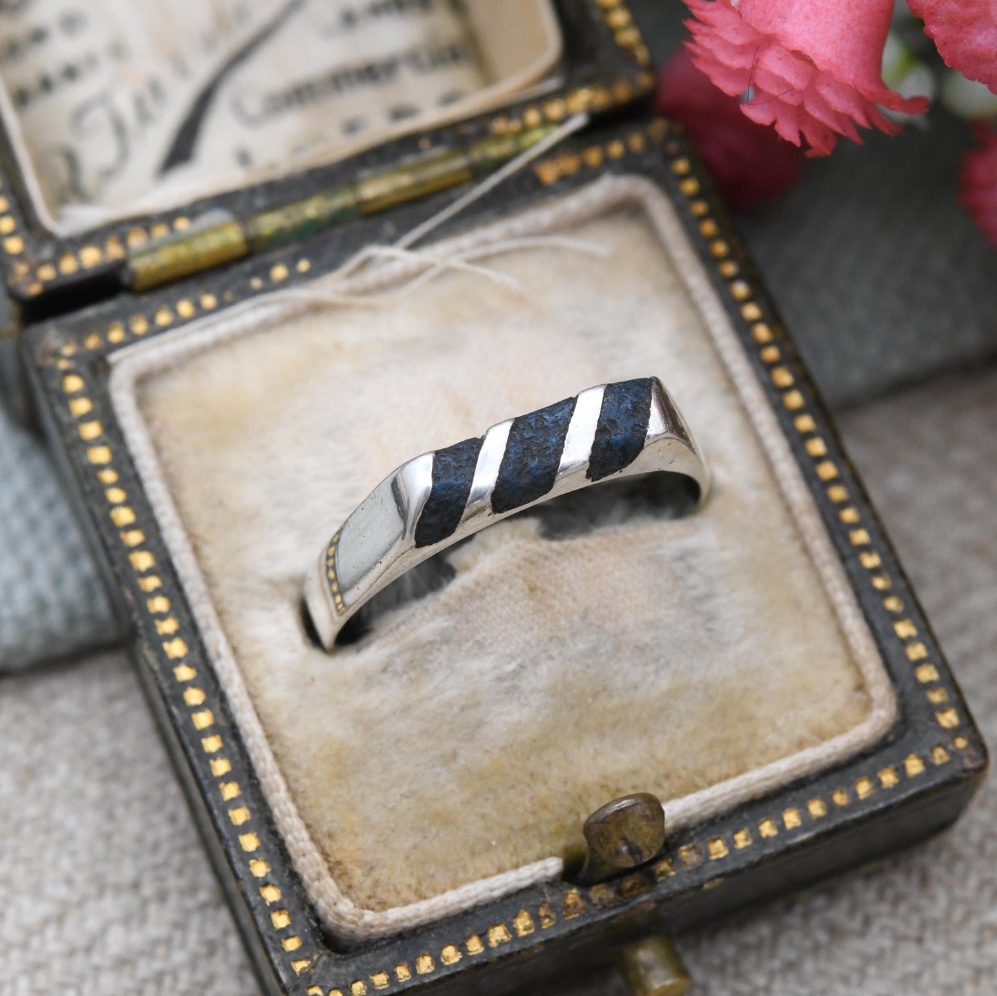 Vintage Mexican Sterling Silver Inlaid Gemstone Band Ring - Mid-Century Stacking Ring | Made in Mexico | UK Size - M 1/2 | US Size - 6 1/4