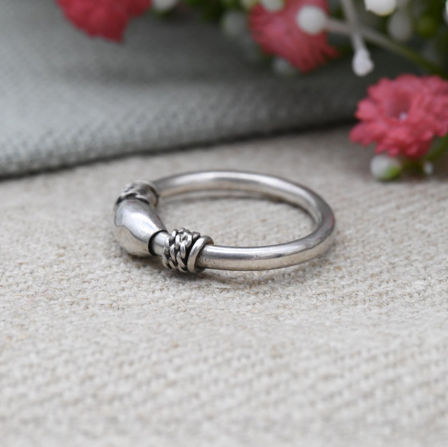 Vintage Sterling Silver Rope Twist Oval Ball Ring - Minimal Unusual Unisex Everyday Silver Band | UK Size - J 1/2 | US Size - 5