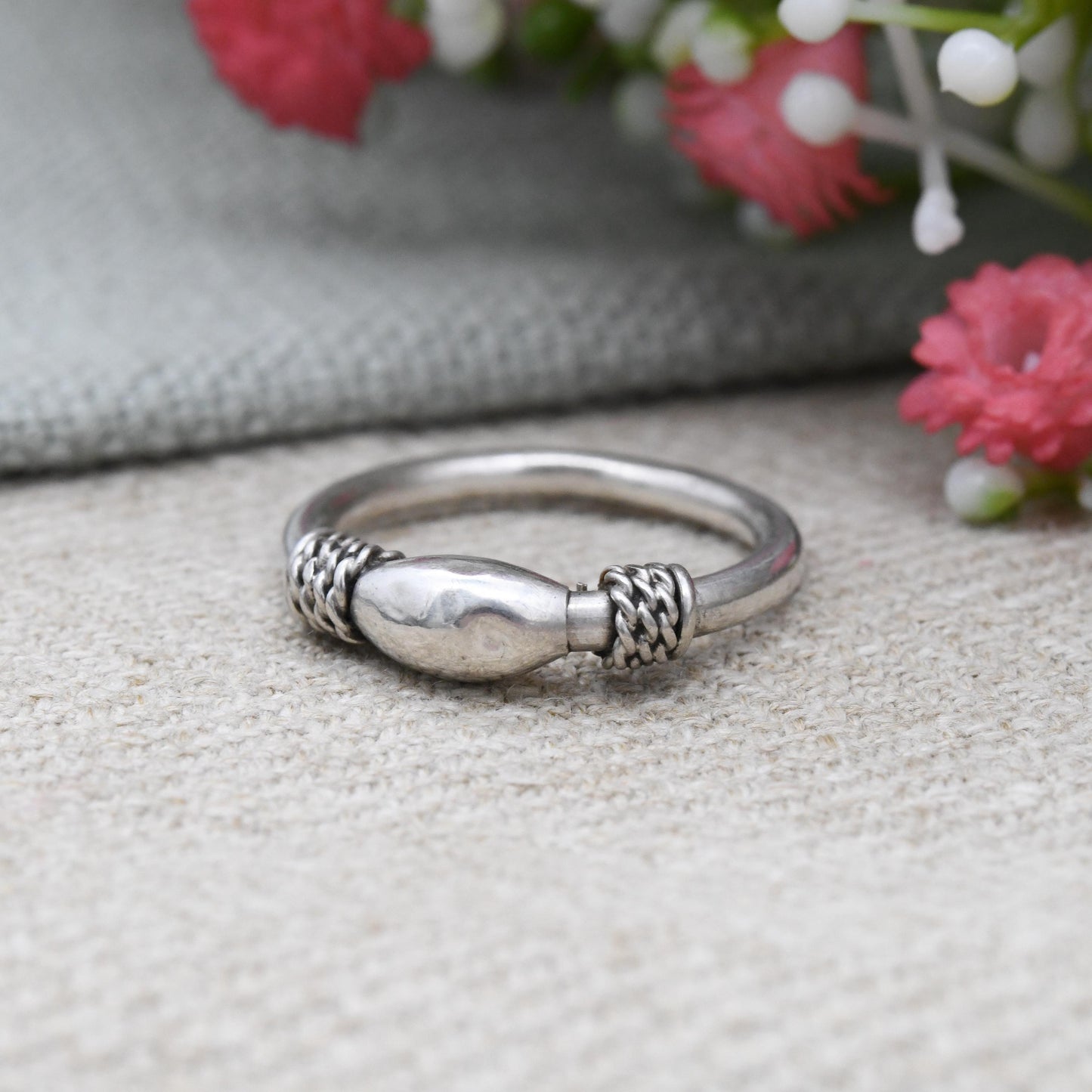 Vintage Sterling Silver Rope Twist Oval Ball Ring - Minimal Unusual Unisex Everyday Silver Band | UK Size - J 1/2 | US Size - 5