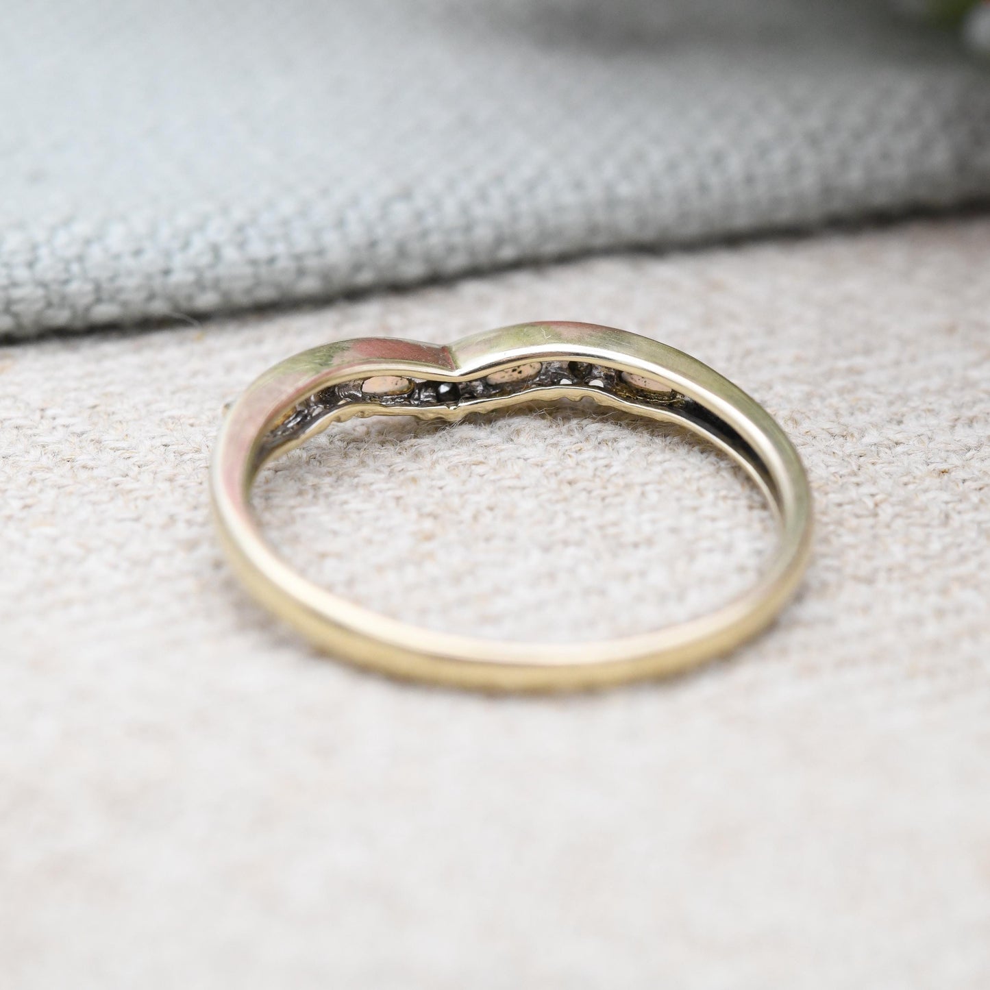 9ct Gold Opal and Diamond Wishbone Ring 2005 - QVC Pretty Blue White Gemstones Jewellery | Gift for Ring Stack | UK Size - S | US Size - 9