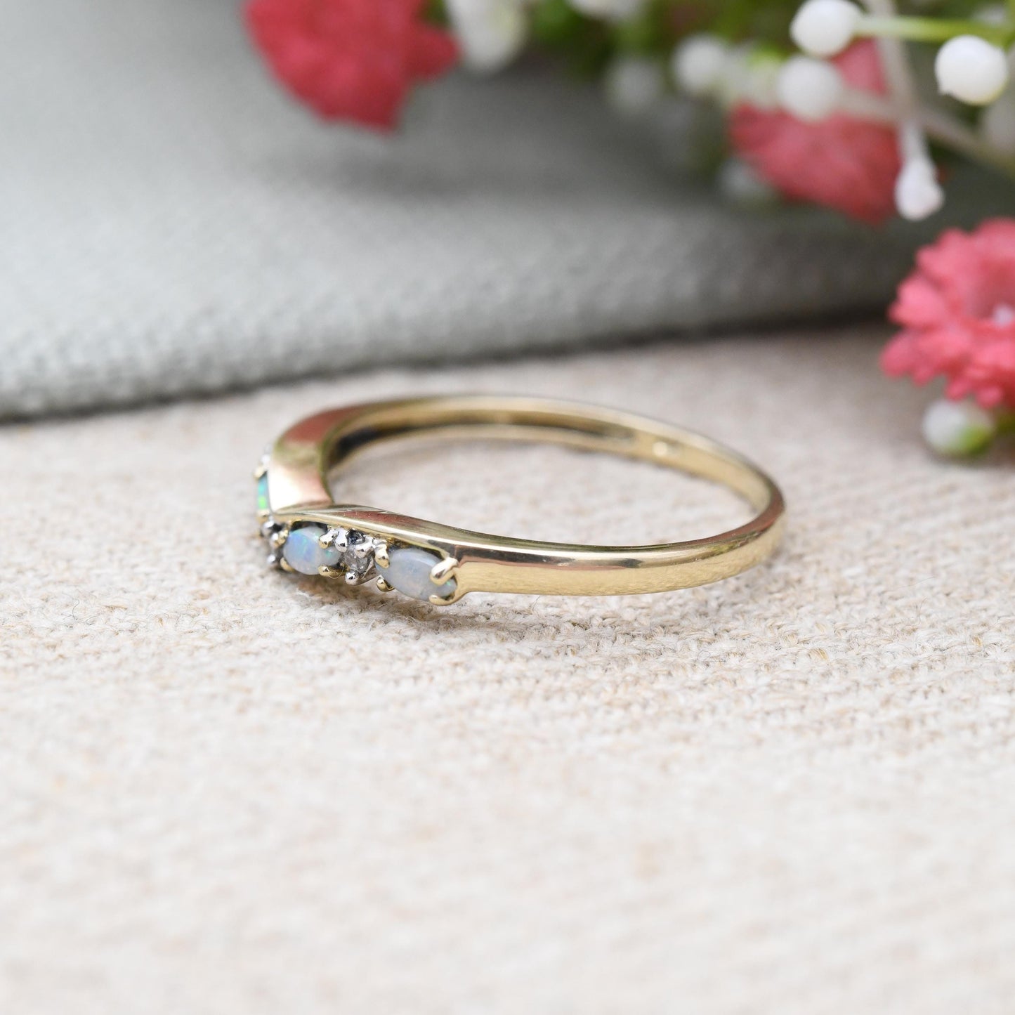 9ct Gold Opal and Diamond Wishbone Ring 2005 - QVC Pretty Blue White Gemstones Jewellery | Gift for Ring Stack | UK Size - S | US Size - 9
