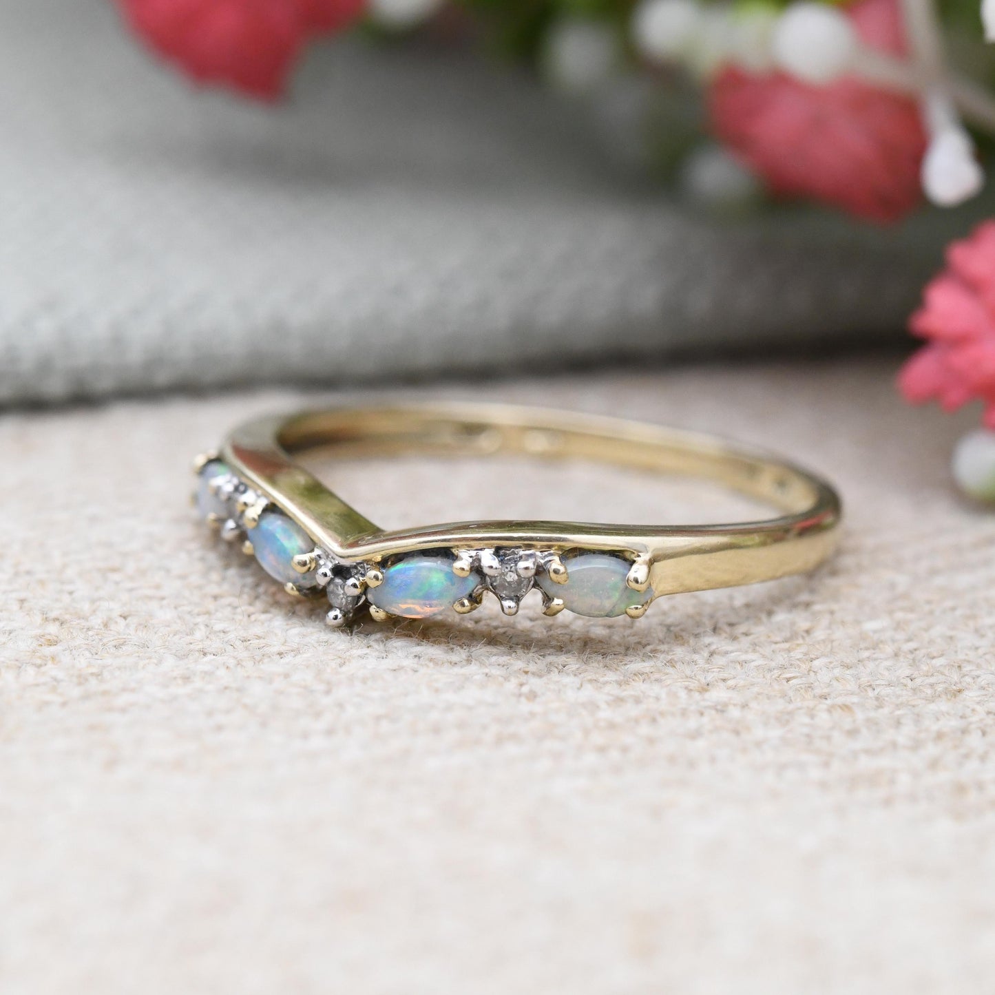 9ct Gold Opal and Diamond Wishbone Ring 2005 - QVC Pretty Blue White Gemstones Jewellery | Gift for Ring Stack | UK Size - S | US Size - 9
