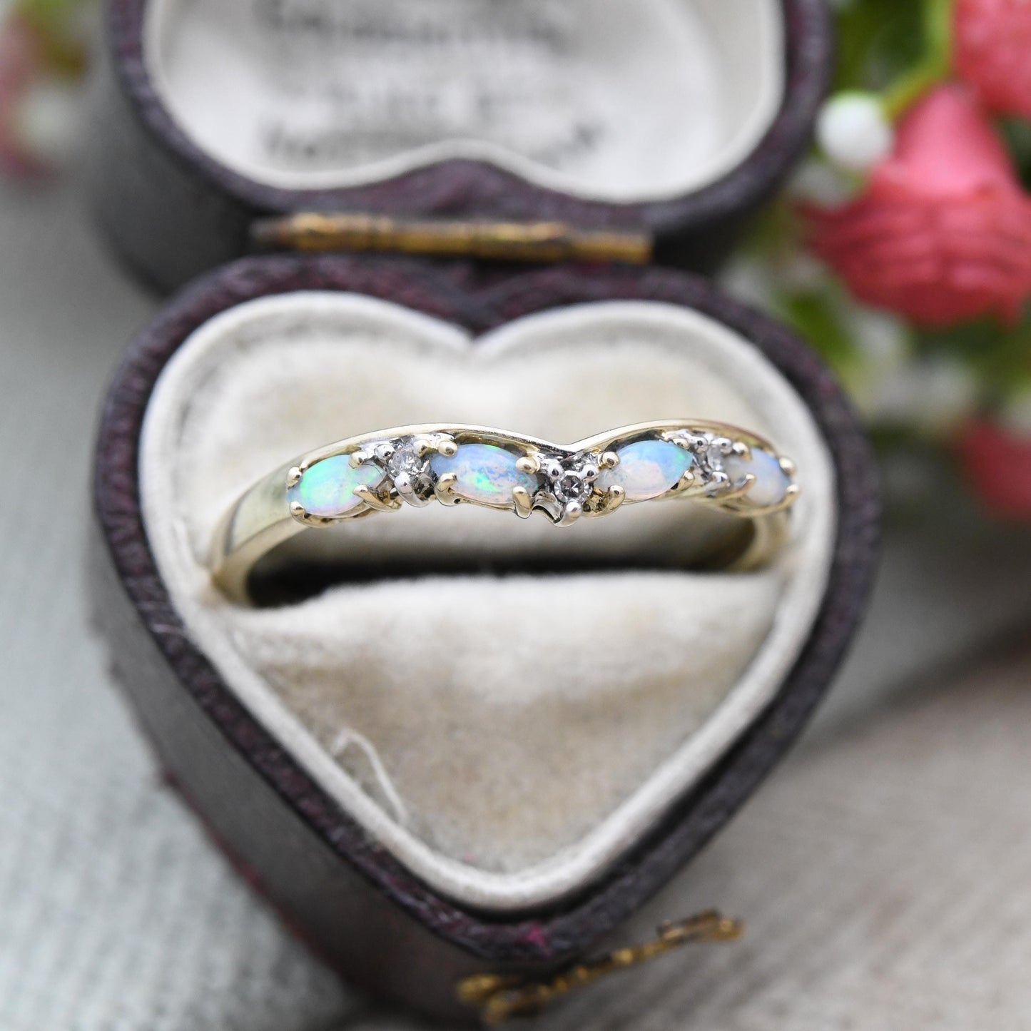 9ct Gold Opal and Diamond Wishbone Ring 2005 - QVC Pretty Blue White Gemstones Jewellery | Gift for Ring Stack | UK Size - S | US Size - 9