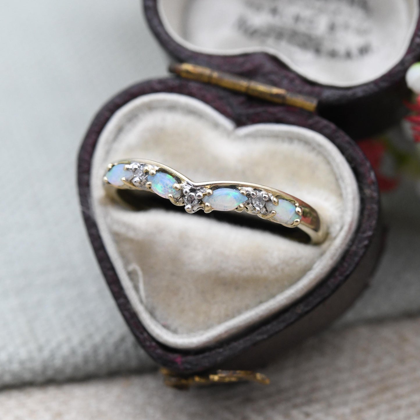 9ct Gold Opal and Diamond Wishbone Ring 2005 - QVC Pretty Blue White Gemstones Jewellery | Gift for Ring Stack | UK Size - S | US Size - 9
