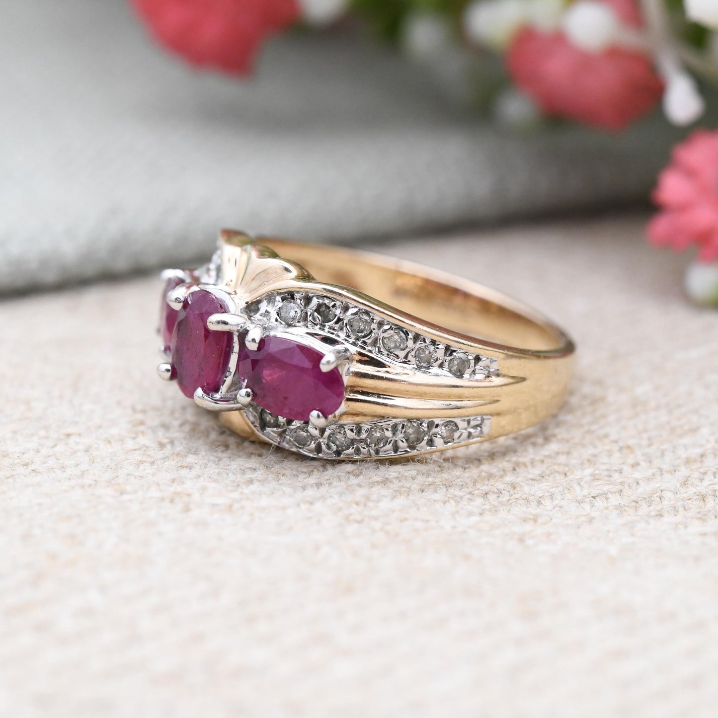 Vintage 9ct Gold Ruby and Diamond Statement Ring - Three Stone Ruby Cocktail | .20 Carats 20 Points Diamonds | UK Size - N 1/2 | US Size - 7