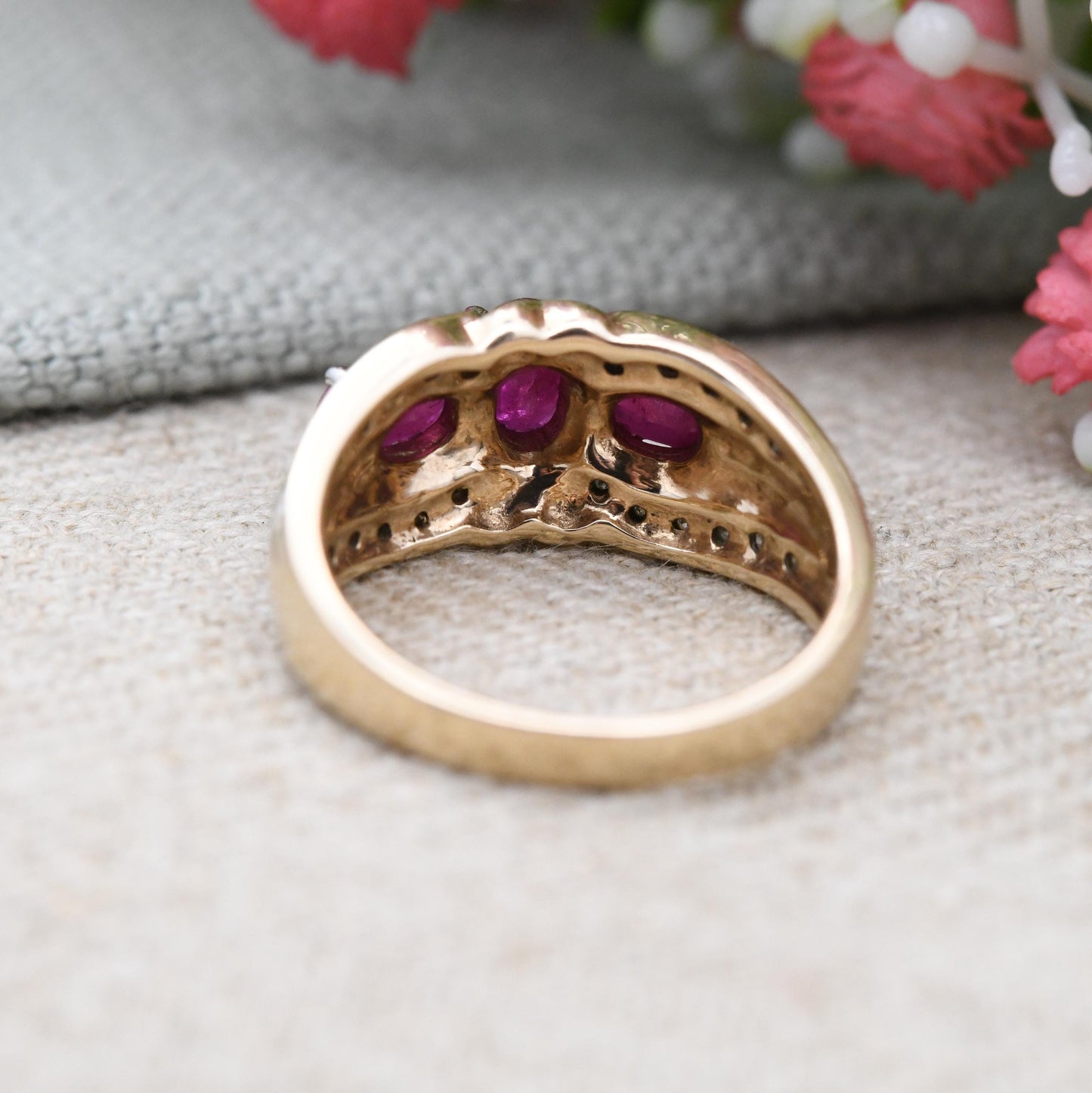 Vintage 9ct Gold Ruby and Diamond Statement Ring - Three Stone Ruby Cocktail | .20 Carats 20 Points Diamonds | UK Size - N 1/2 | US Size - 7