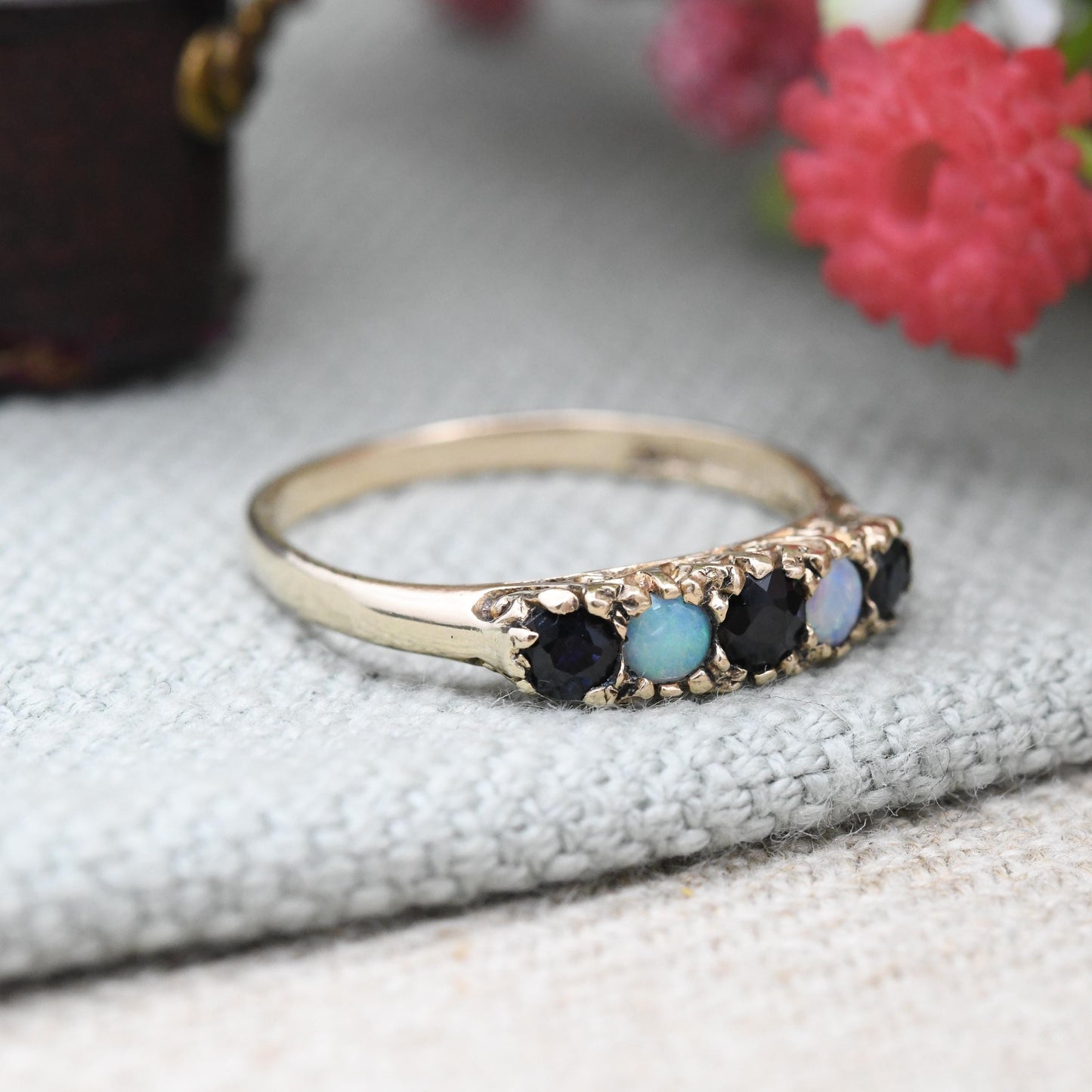 Vintage 9ct Gold Sapphire and Opal Five Stone Ring 1975 - 5 Stone Stacking Half Eternity | Blue Gemstone Gift | UK Size - P US Size - 7 1/2