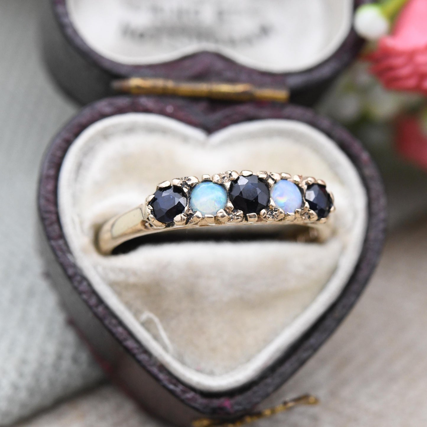 Vintage 9ct Gold Sapphire and Opal Five Stone Ring 1975 - 5 Stone Stacking Half Eternity | Blue Gemstone Gift | UK Size - P US Size - 7 1/2