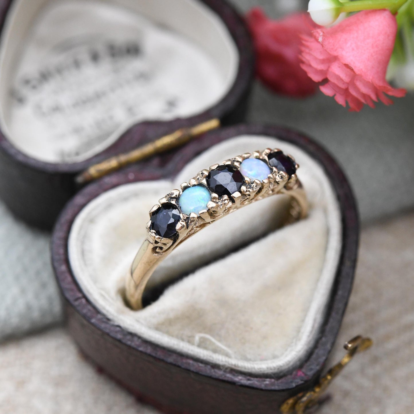 Vintage 9ct Gold Sapphire and Opal Five Stone Ring 1975 - 5 Stone Stacking Half Eternity | Blue Gemstone Gift | UK Size - P US Size - 7 1/2