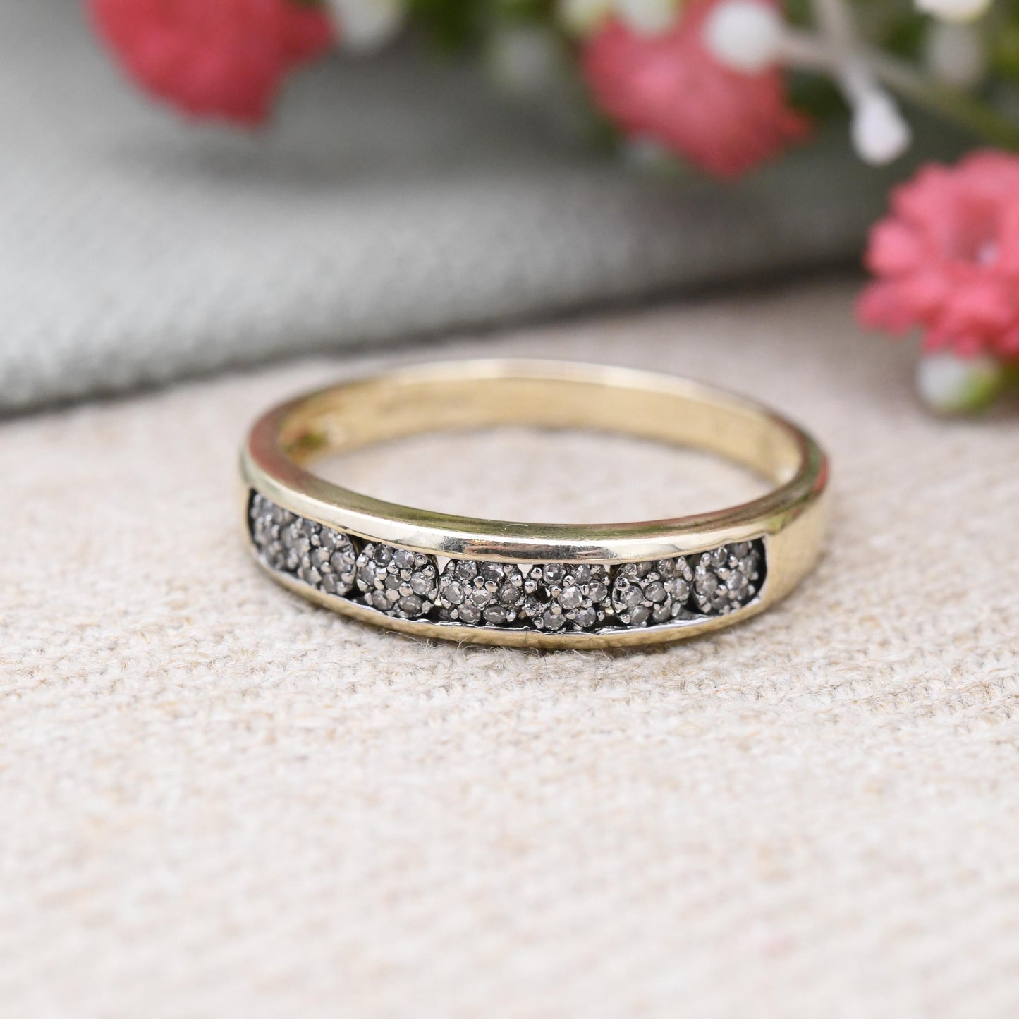 9ct Gold Diamond Ring 2002 - Flush Cluster Half Eternity Engagement Wedding Band Stacking Ring | UK Size - V | US Size - 10 1/2