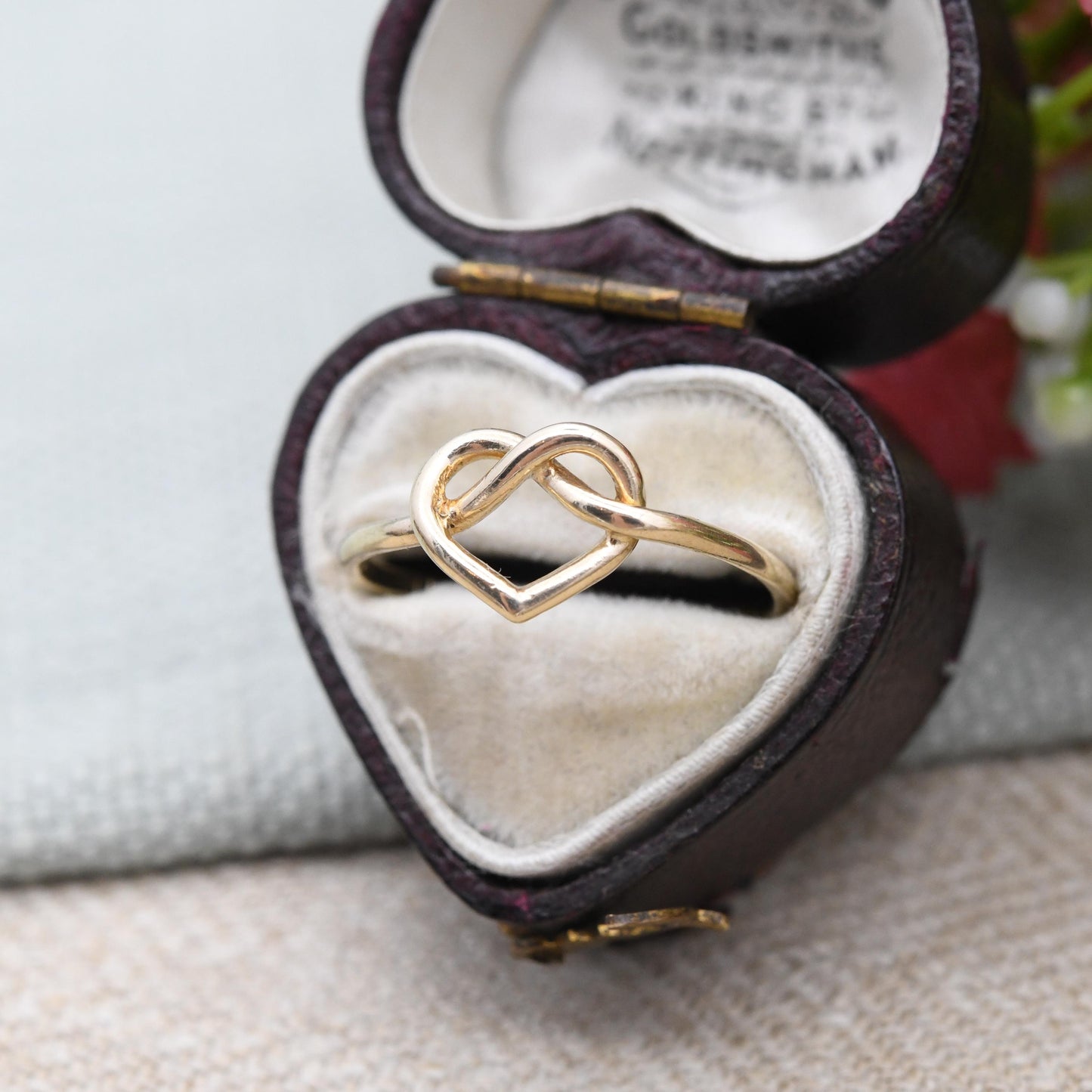 Vintage 9ct Gold Heart Knot Ring 1976 by Fred Manshaw - Open Love Heart Design Mid-Century | Sentimental Gift | UK Size - P 1/2 US Size - 8