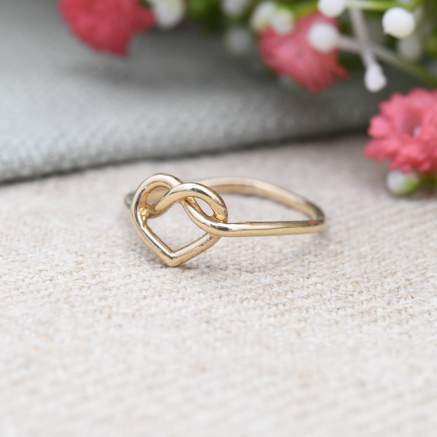Vintage 9ct Gold Heart Knot Ring 1976 by Fred Manshaw - Open Love Heart Design Mid-Century | Sentimental Gift | UK Size - P 1/2 US Size - 8