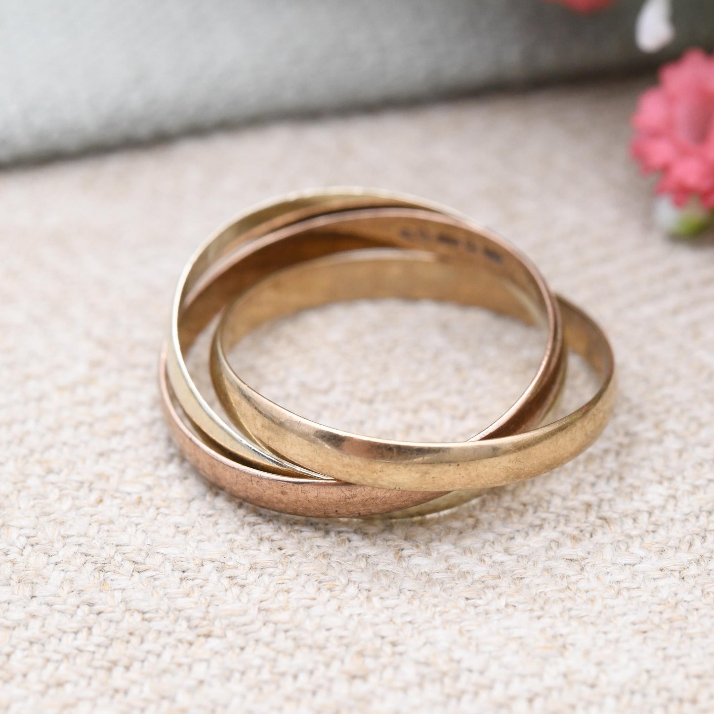 Vintage 9ct Gold Russian Wedding Band Ring 1991 - Minimal Trilogy Tricolour Yellow Rose White Gold Three Band | Size UK - U 1/2 US - 10 1/4