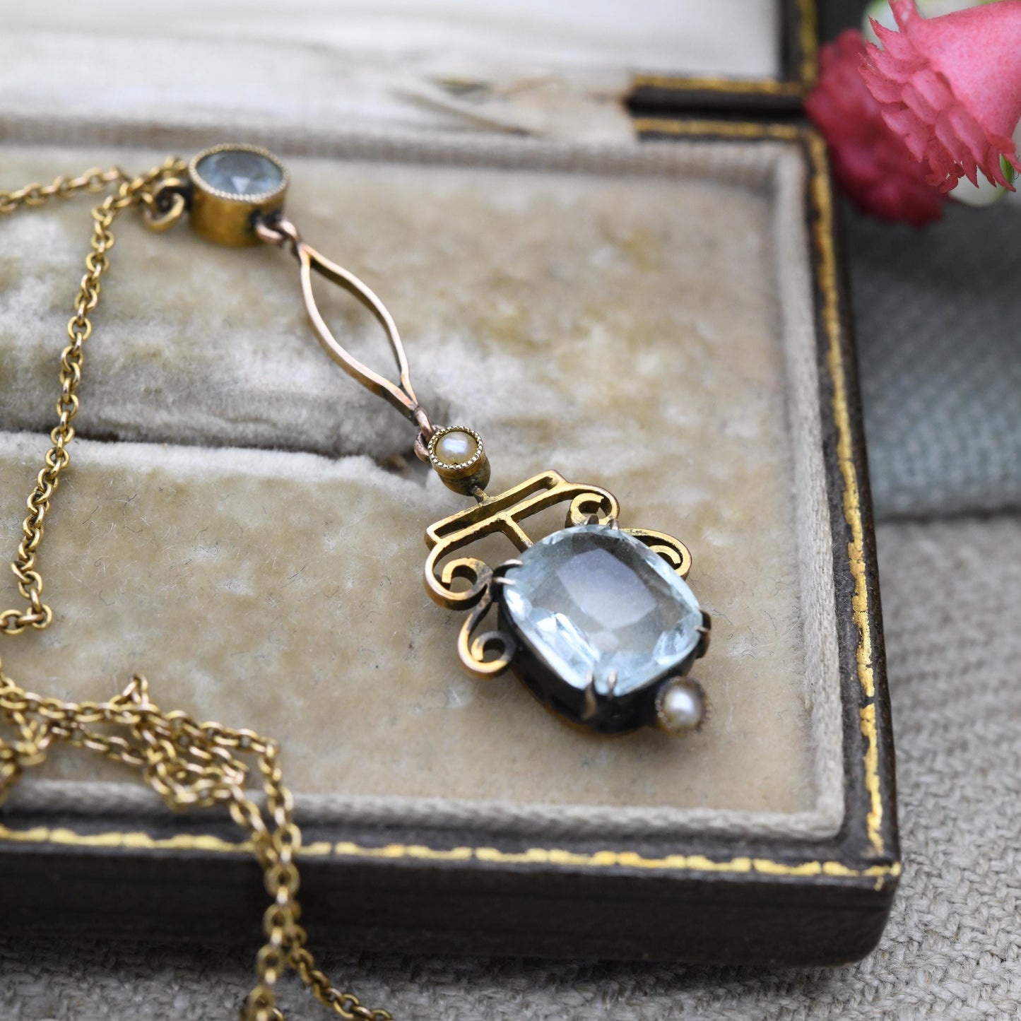 Antique 9ct Gold Aquamarine and Pearl Necklace - Integral Pendant Edwardian Split Pearls Pretty Blue Stone Drop Delicate Gold Jewellery Gift