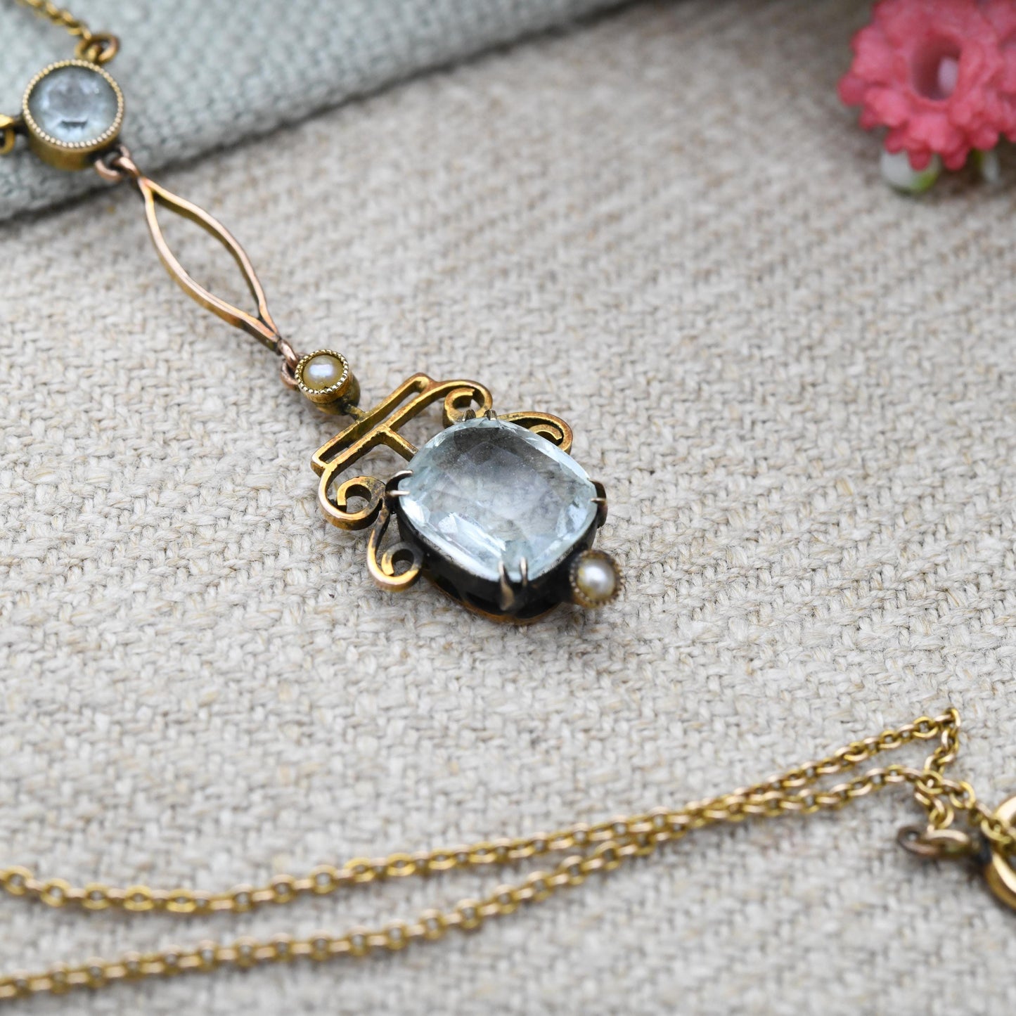 Antique 9ct Gold Aquamarine and Pearl Necklace - Integral Pendant Edwardian Split Pearls Pretty Blue Stone Drop Delicate Gold Jewellery Gift