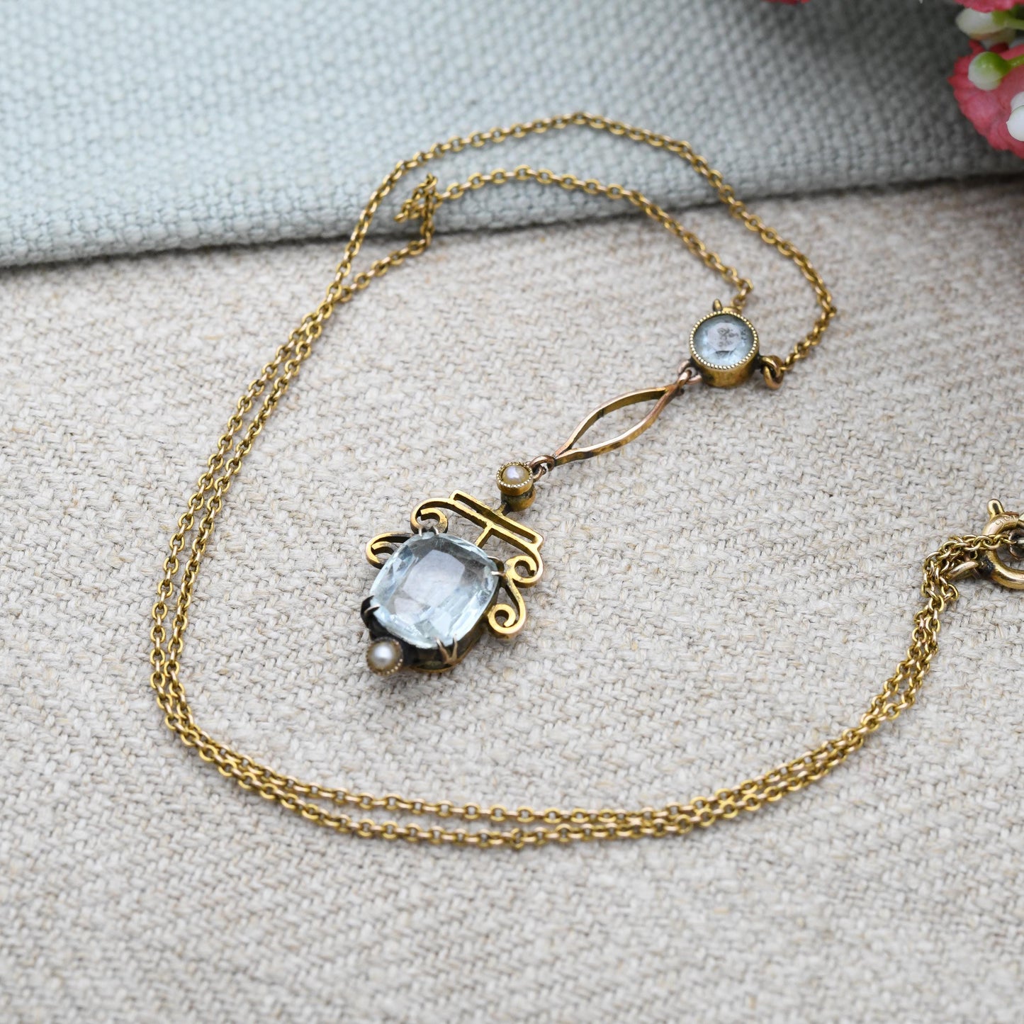 Antique 9ct Gold Aquamarine and Pearl Necklace - Integral Pendant Edwardian Split Pearls Pretty Blue Stone Drop Delicate Gold Jewellery Gift