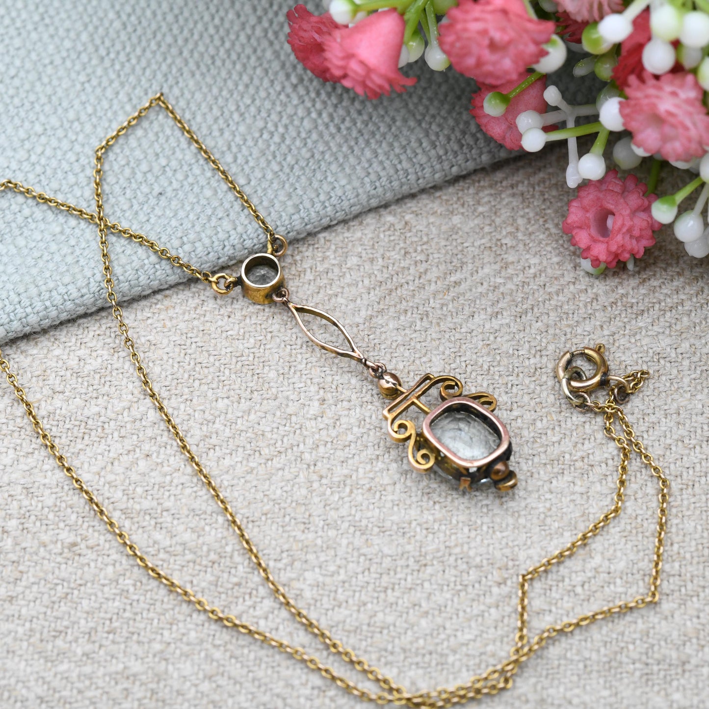 Antique 9ct Gold Aquamarine and Pearl Necklace - Integral Pendant Edwardian Split Pearls Pretty Blue Stone Drop Delicate Gold Jewellery Gift