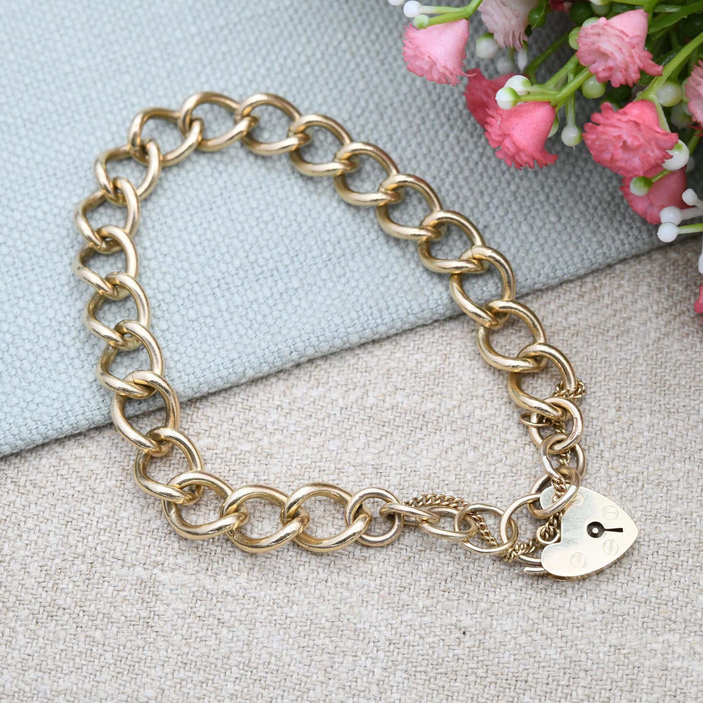 Vintage 9ct Gold Heart Padlock Clasp Curb Link Chain Bracelet with Safety Chain - Empty Charm Bracelet Hallmarked Solid Gold Jewellery Gift