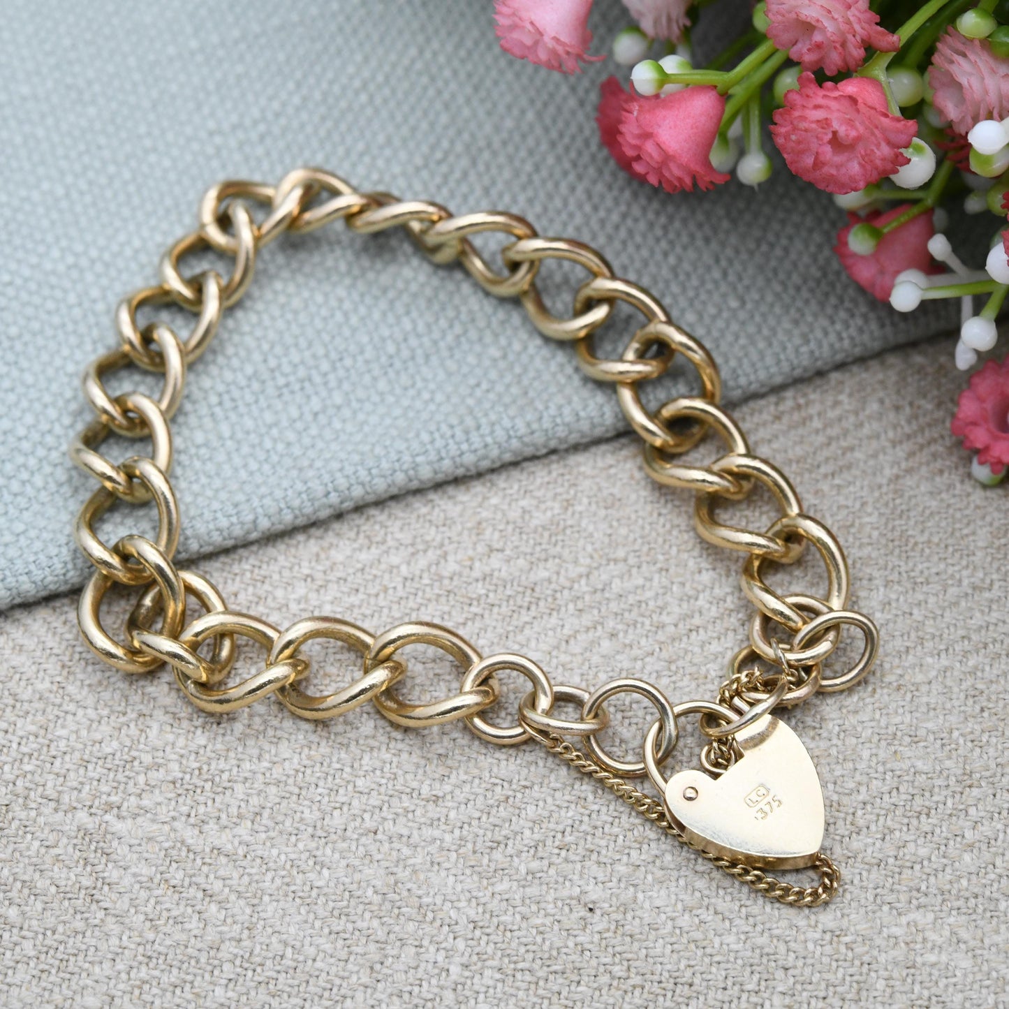 Vintage 9ct Gold Heart Padlock Clasp Curb Link Chain Bracelet with Safety Chain - Empty Charm Bracelet Hallmarked Solid Gold Jewellery Gift