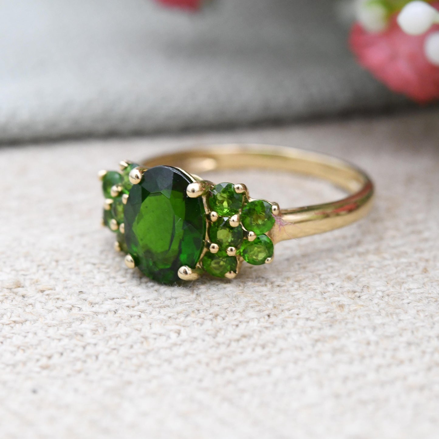 9ct Gold Chrome Diopside Statement Ring 2005 - Occasional Dress Ring | Big Green Gemstone Jewellery Gift | UK Size - Q 1/2 | US Size - 8 1/4