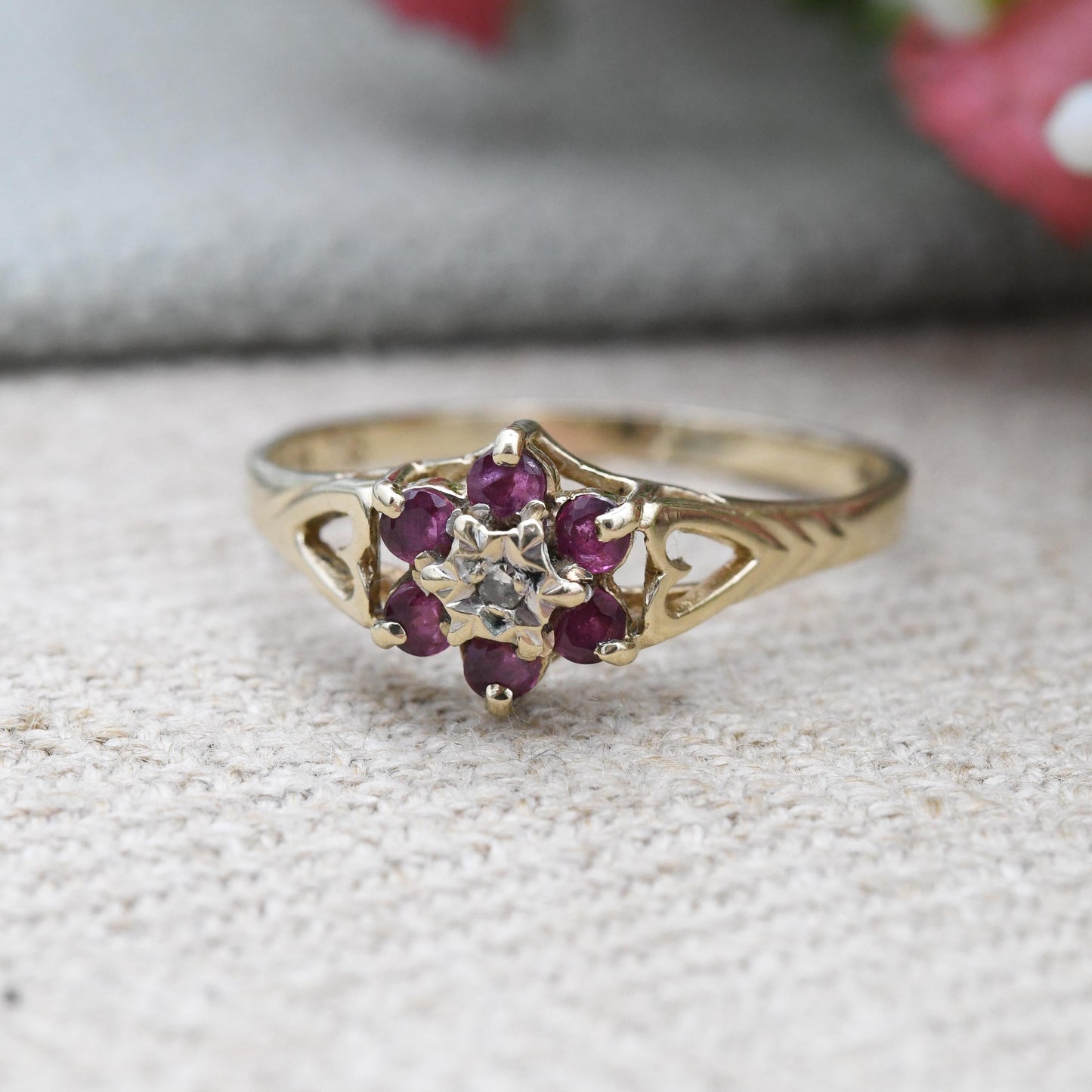 Vintage 9ct Gold Ruby Diamond Floral Cluster Ring 1989 - Mid-Century Cut Out Heart Shoulders Flower Shape | UK Size - P | US Size - 7 3/4