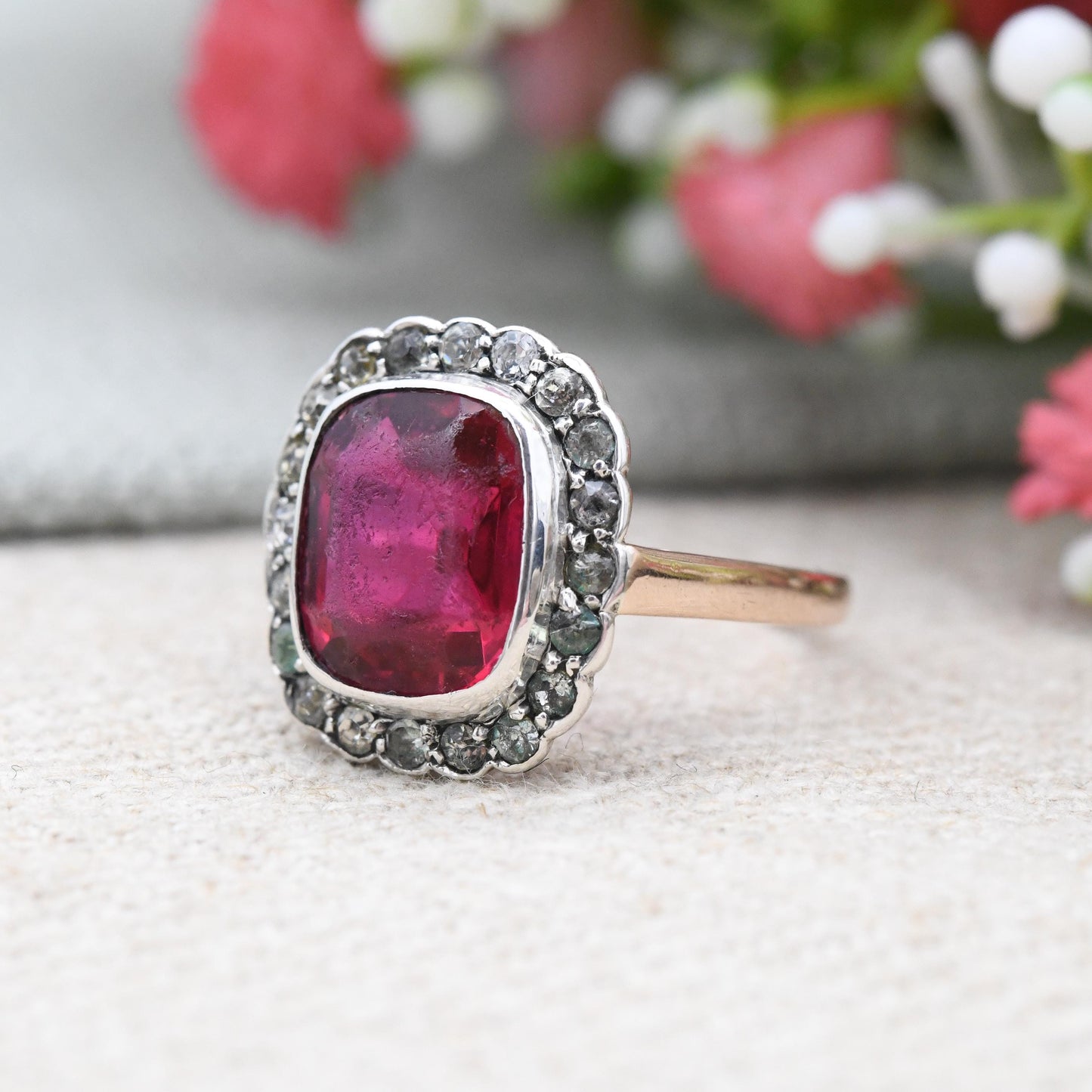 Vintage Art Deco 9ct Gold & Sterling Silver Paste Ring - Cocktail Statement Ruby Red and Clear Paste Halo | UK Size - M | US Size - 6 1/4
